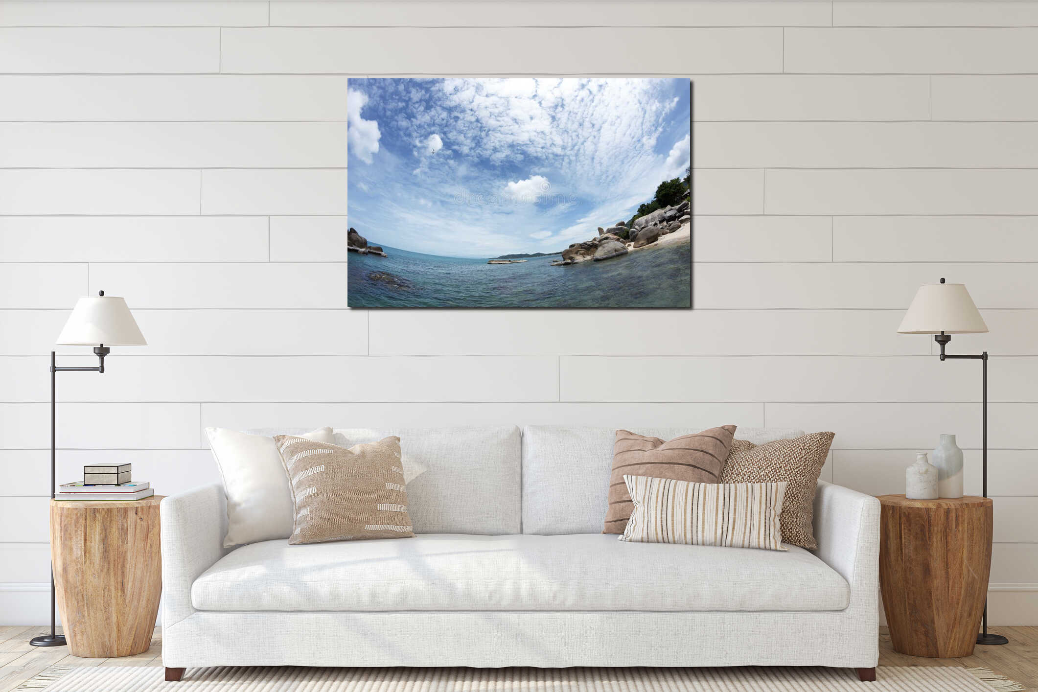 Seagull flying above the sea nearby scenic beach interior mockup