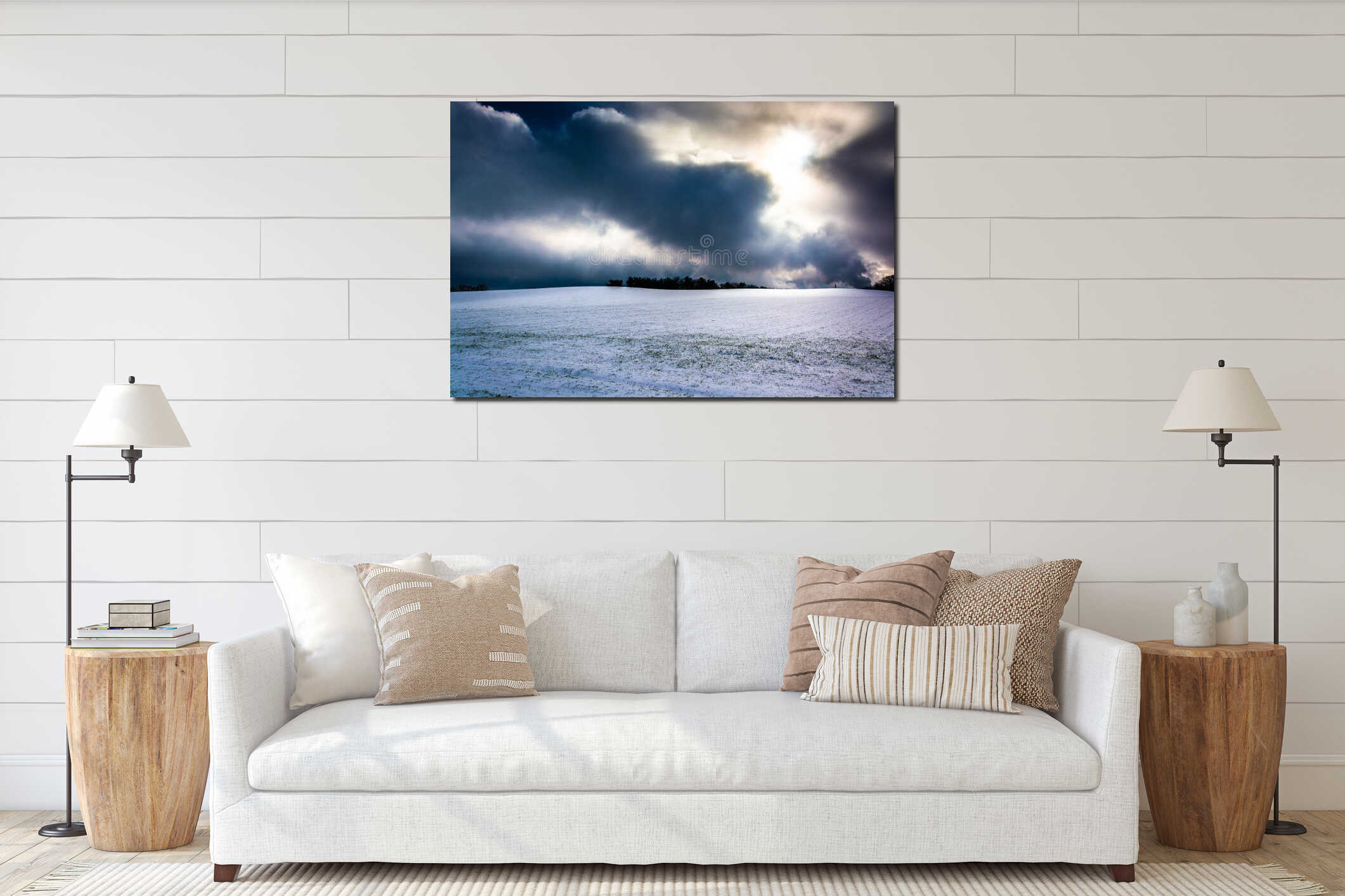 Dramatic sky over a snow-covered field near Spring Grove, Pennsylvania. interior mockup