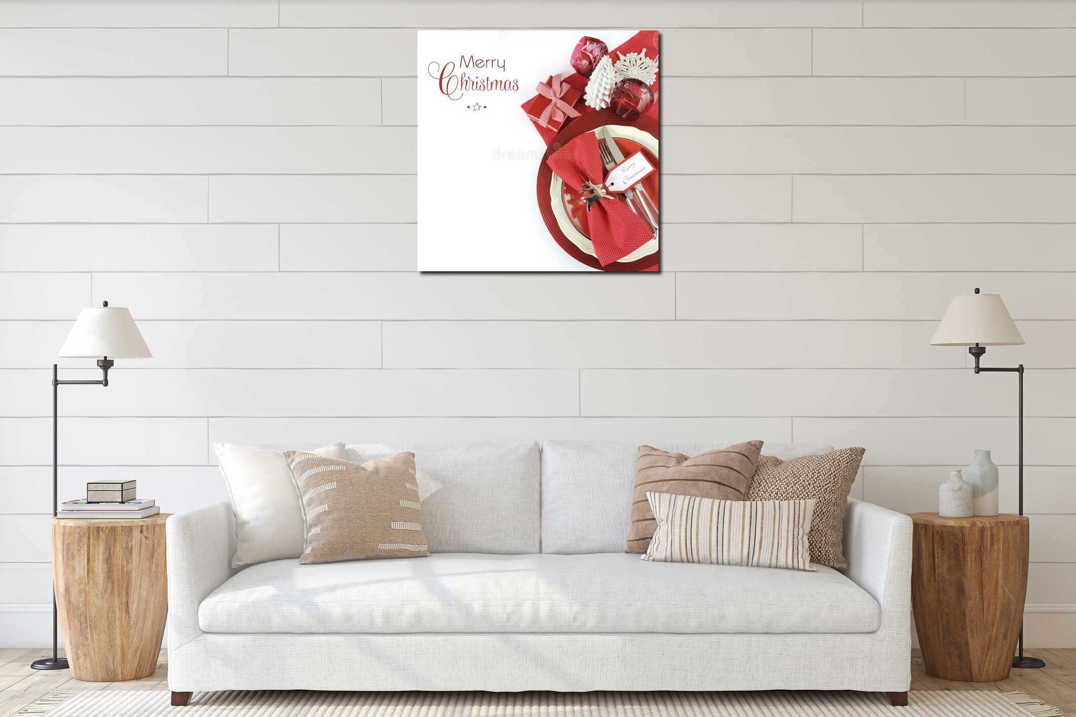 Christmas table place settings in red and white theme interior mockup