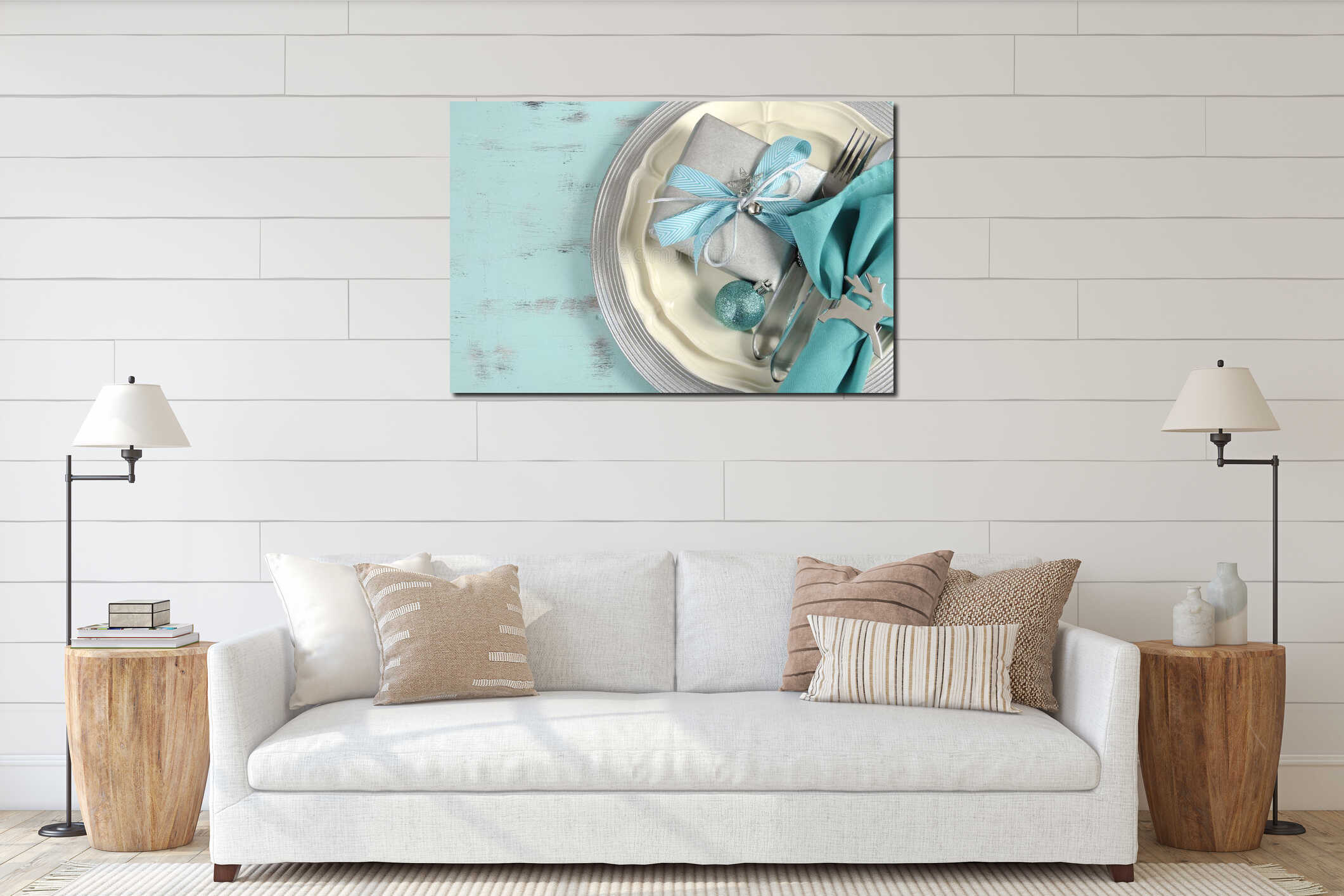 Christmas table place settings in aqua blue, silver and white interior mockup