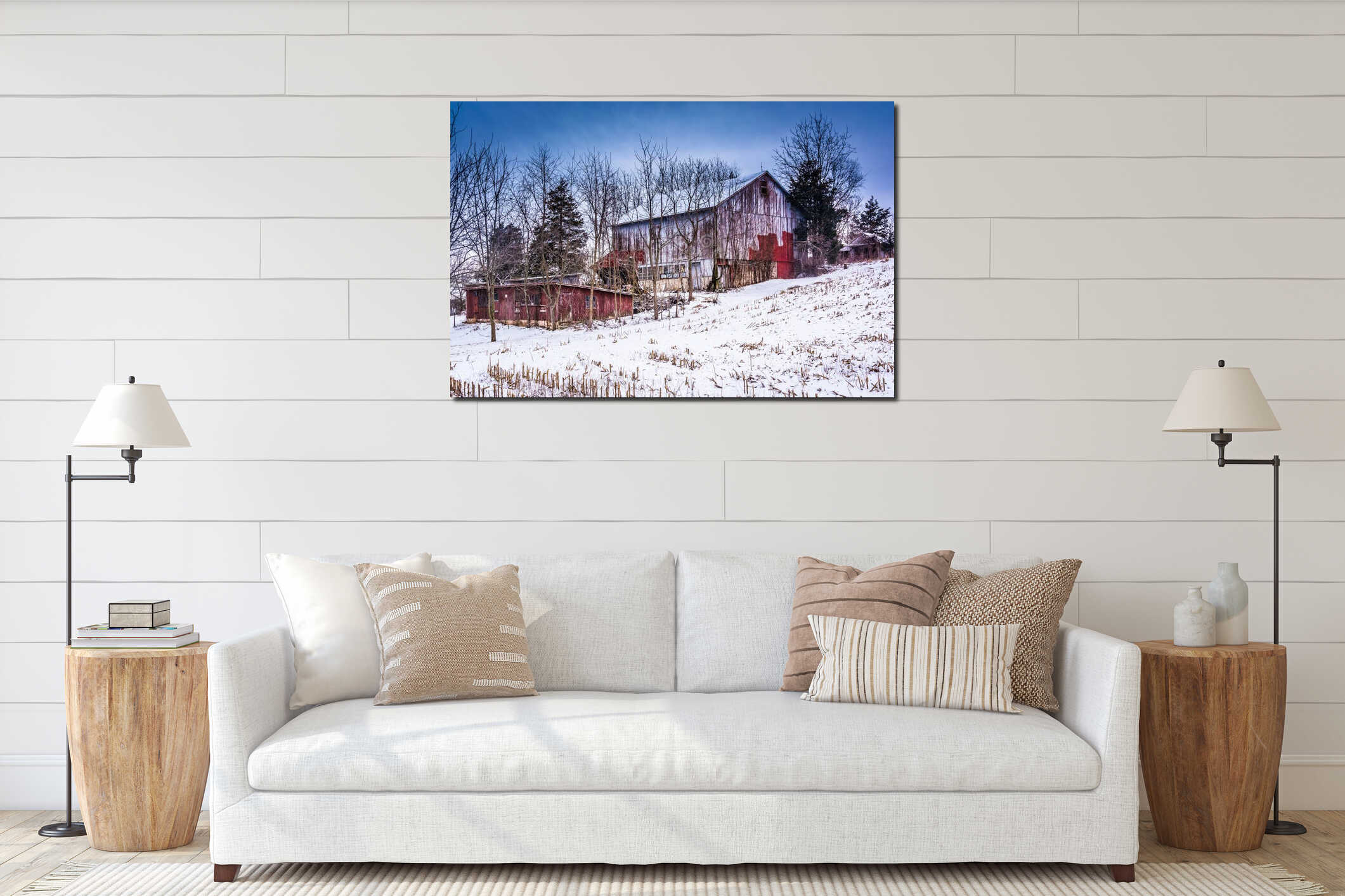 Old barn and a snow covered field in rural York County, Pennsylvania. interior mockup