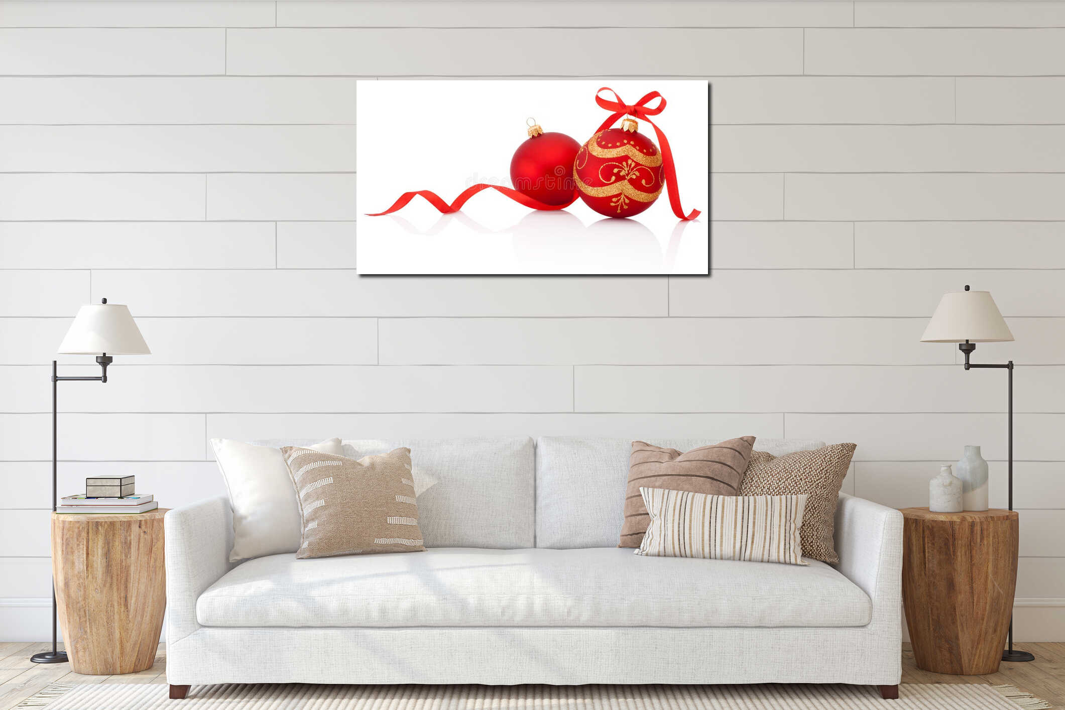 Two Red christmas decoration balls with ribbon bow isolated interior mockup