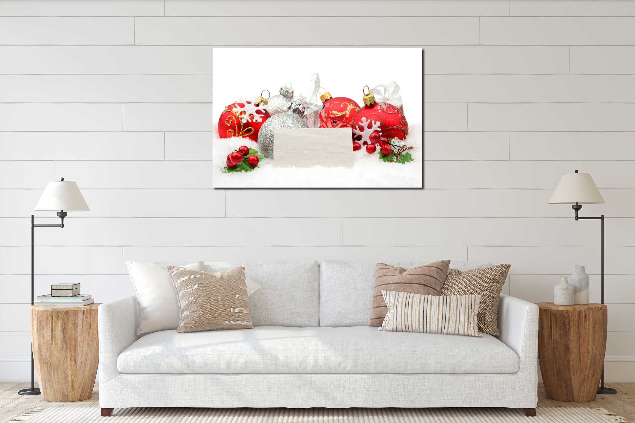 Red, silver christmas decoration on snow with white wishes card interior mockup