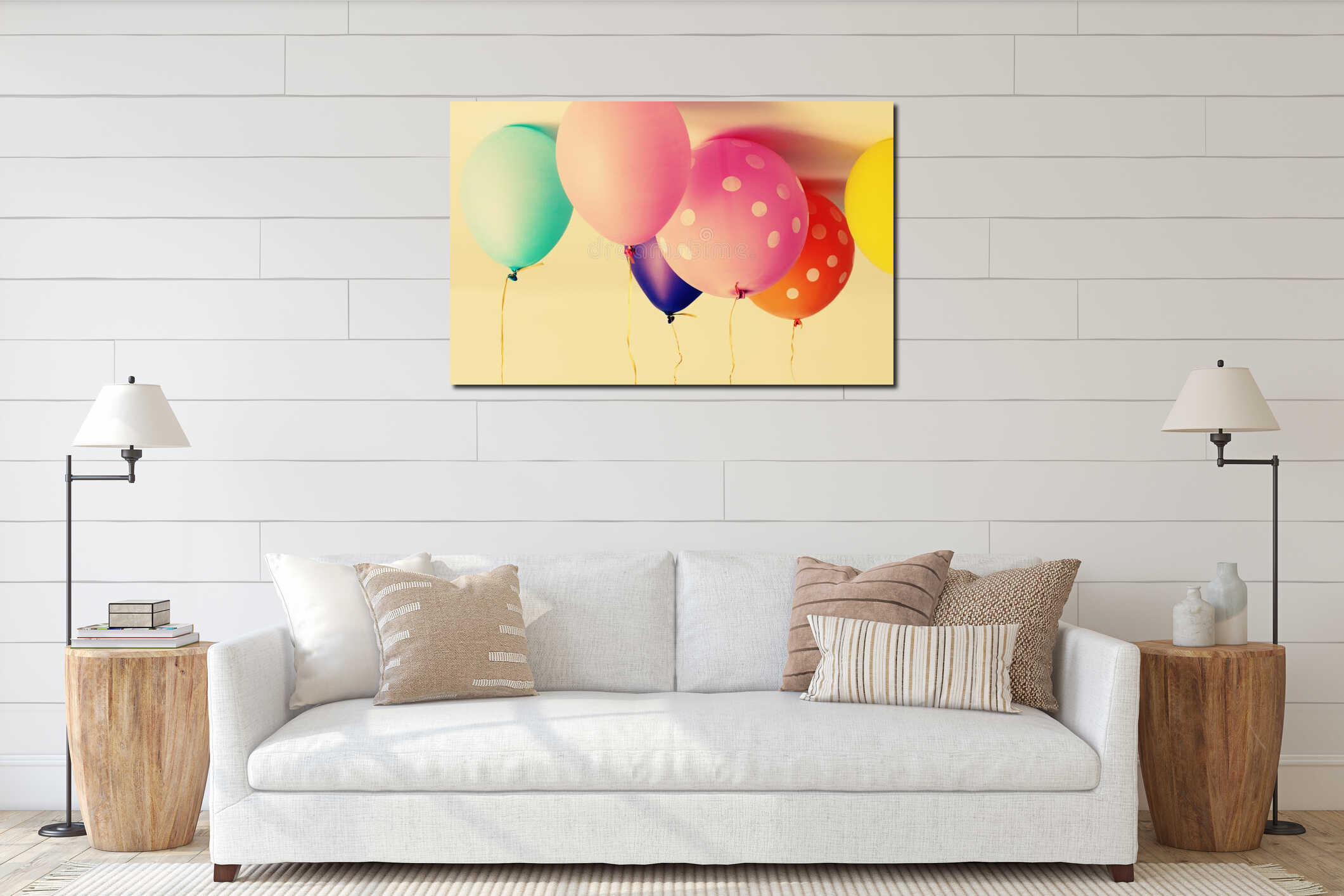 Close up of colorful balloons interior mockup