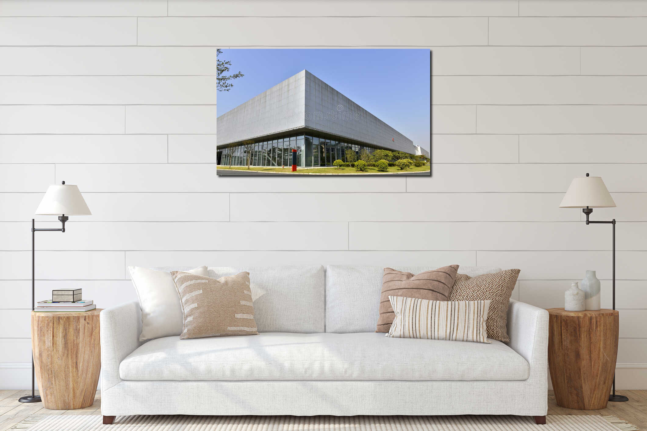 Large factory building ,Large modern building,Large modern exhibition hall,under blue sky,great building interior mockup
