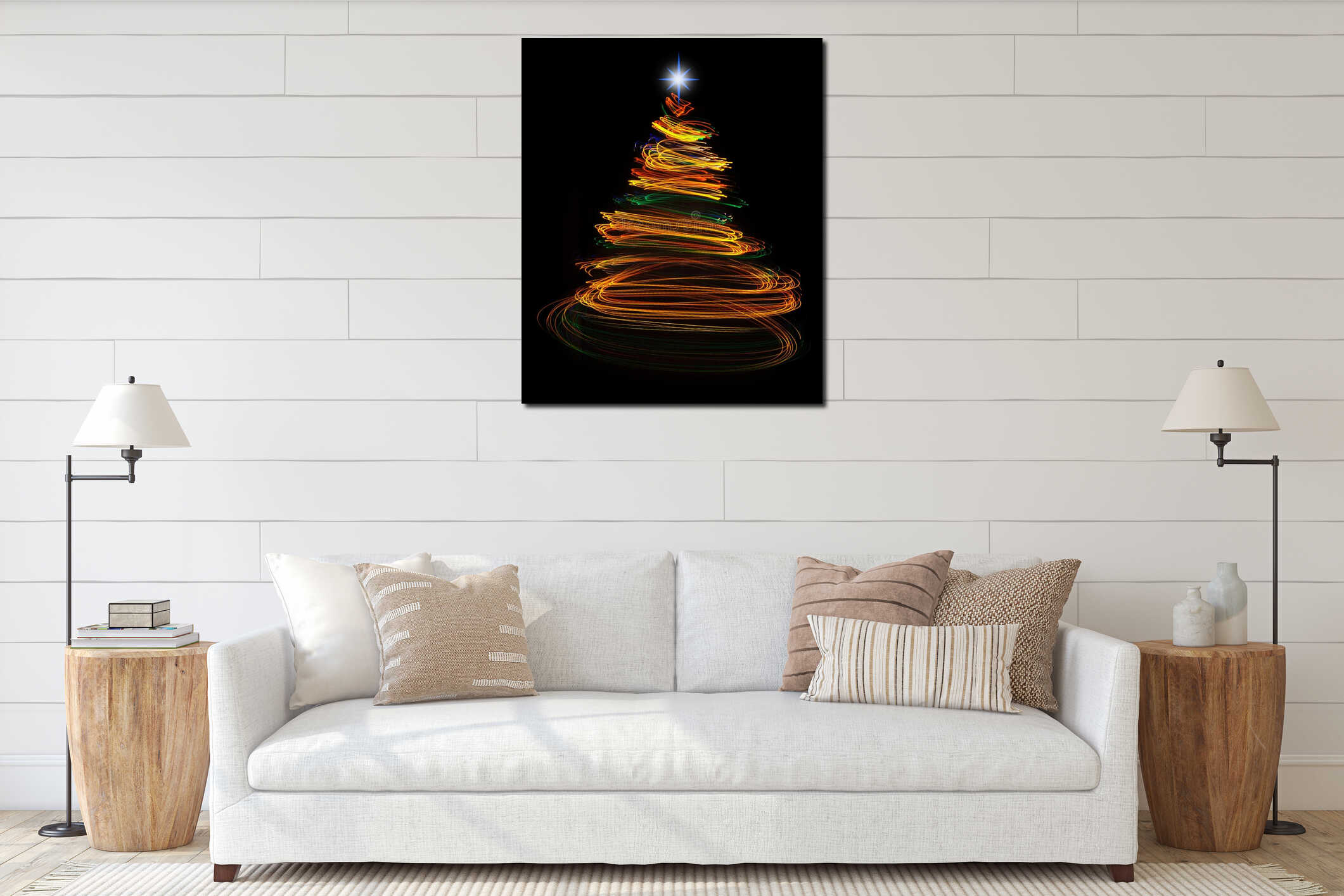 Yellow christmas tree light painting interior mockup