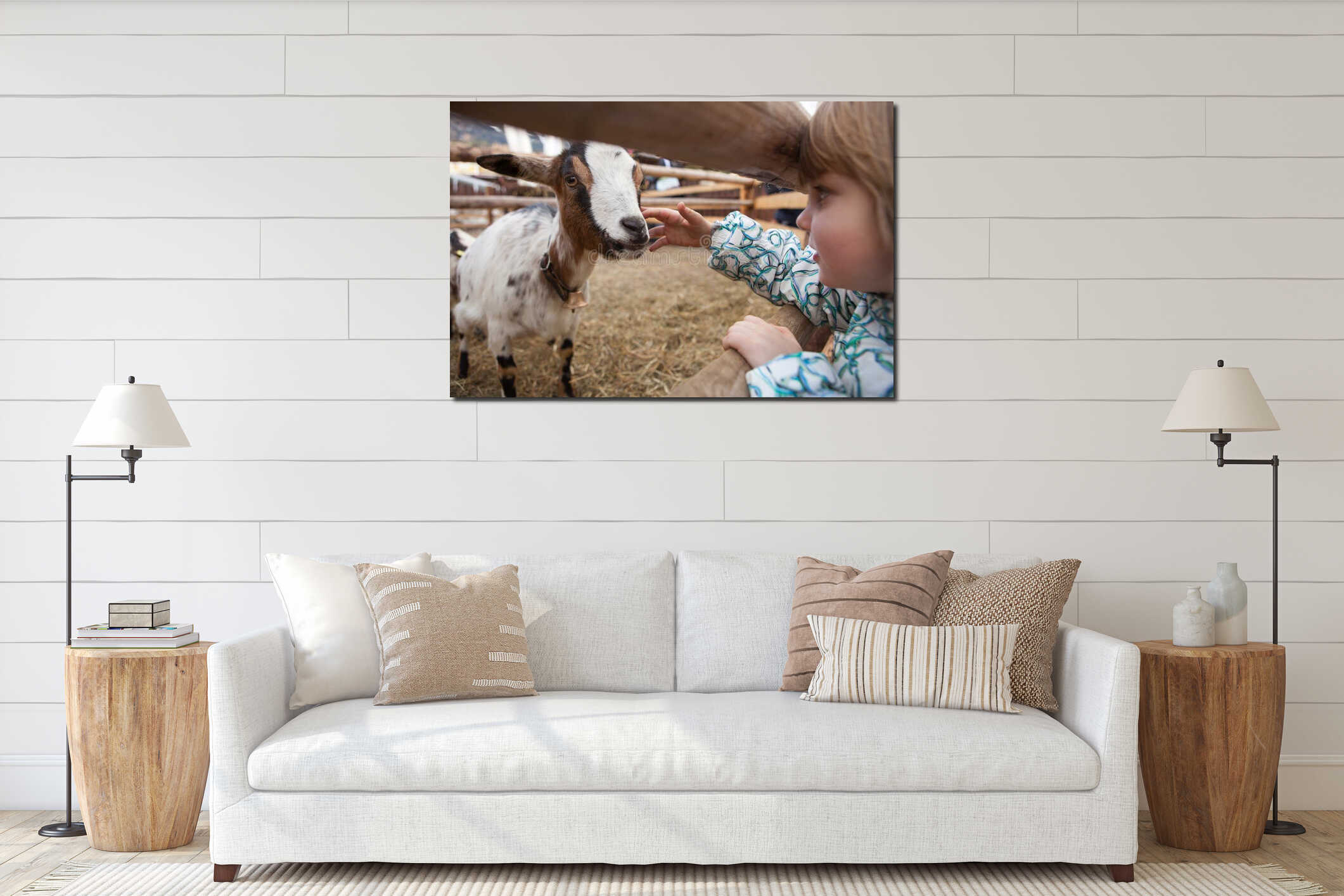 A young girl feeding goat. interior mockup