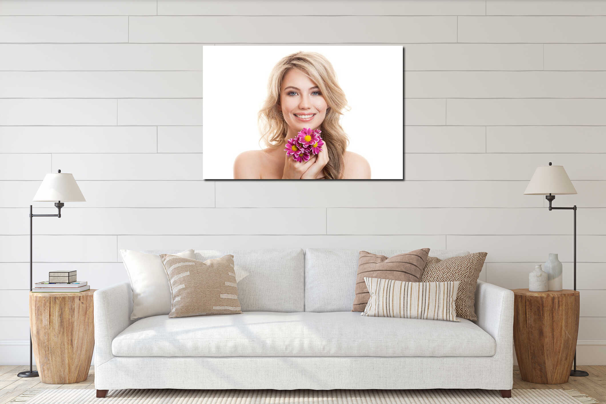 Portrait Of Beautiful Smiling Woman With Flowers. Clear Skin. interior mockup