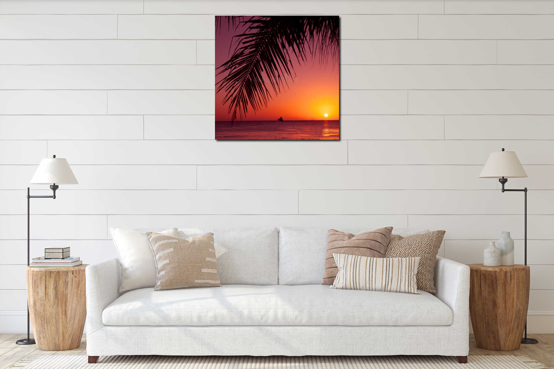 Tropical sunset. Sea, palm and sun. interior mockup