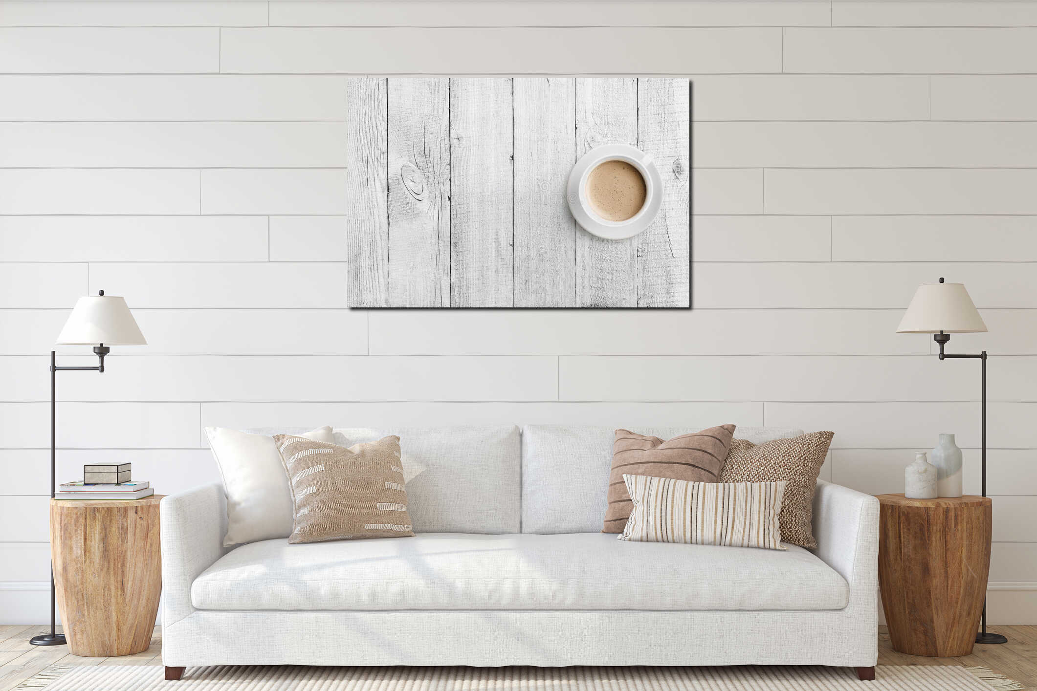 Coffee cup top view on white wood table background interior mockup