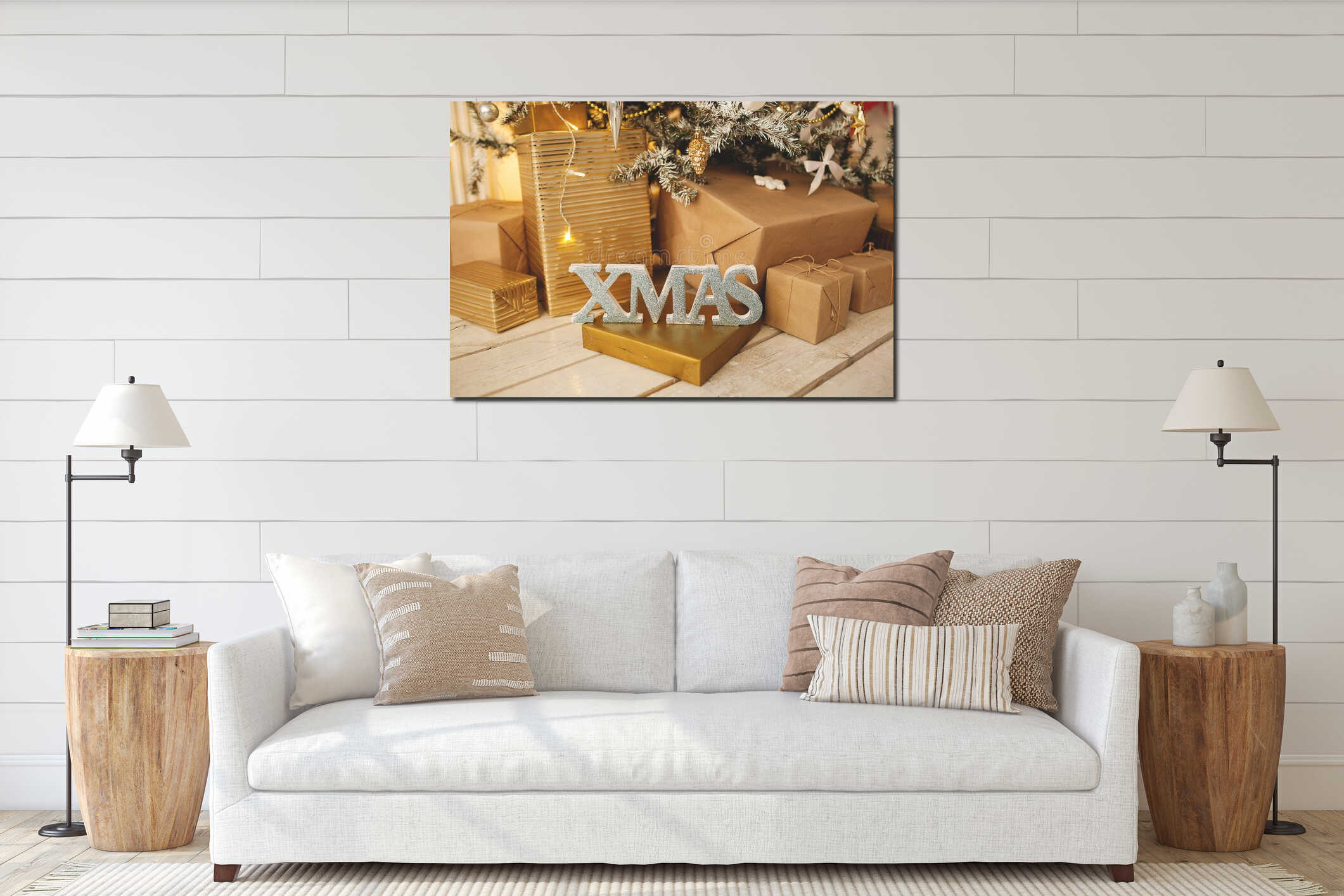 Beautiful holiday decorated room with Christmas tree with presents under it interior mockup