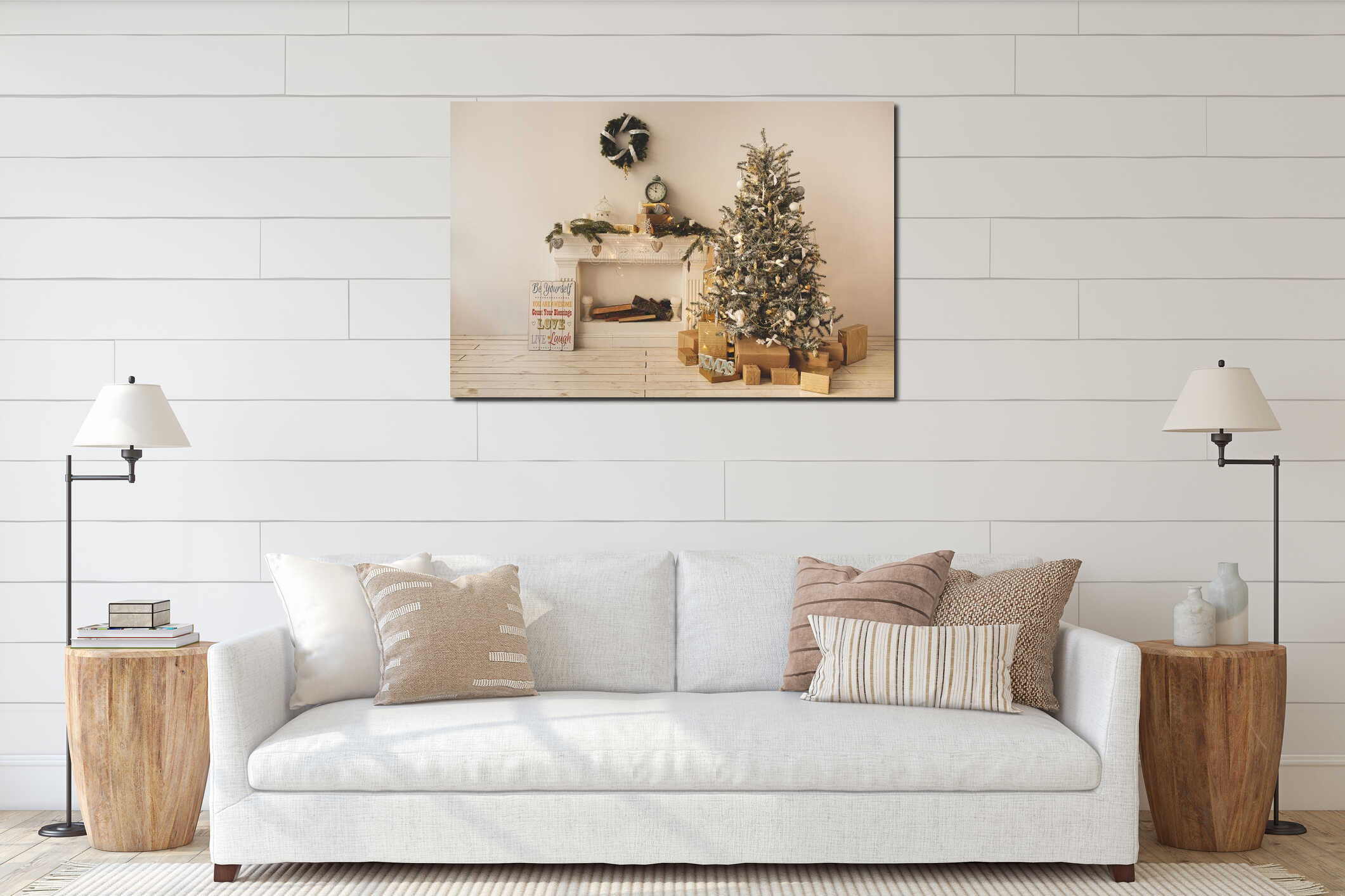 Beautiful holiday decorated room with Christmas tree with presents under it interior mockup
