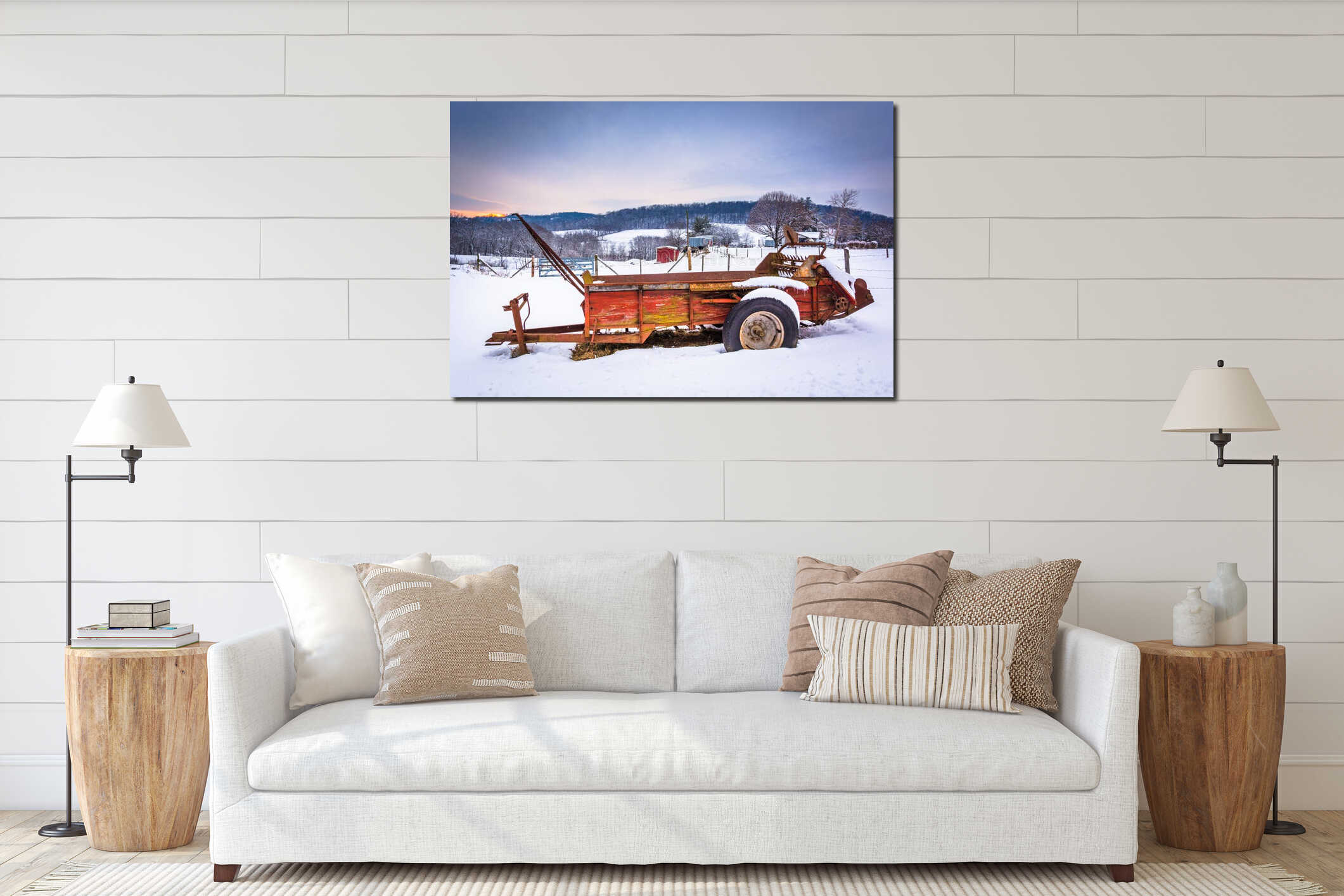 Farm equipment in a snow covered field in rural Carroll County, interior mockup