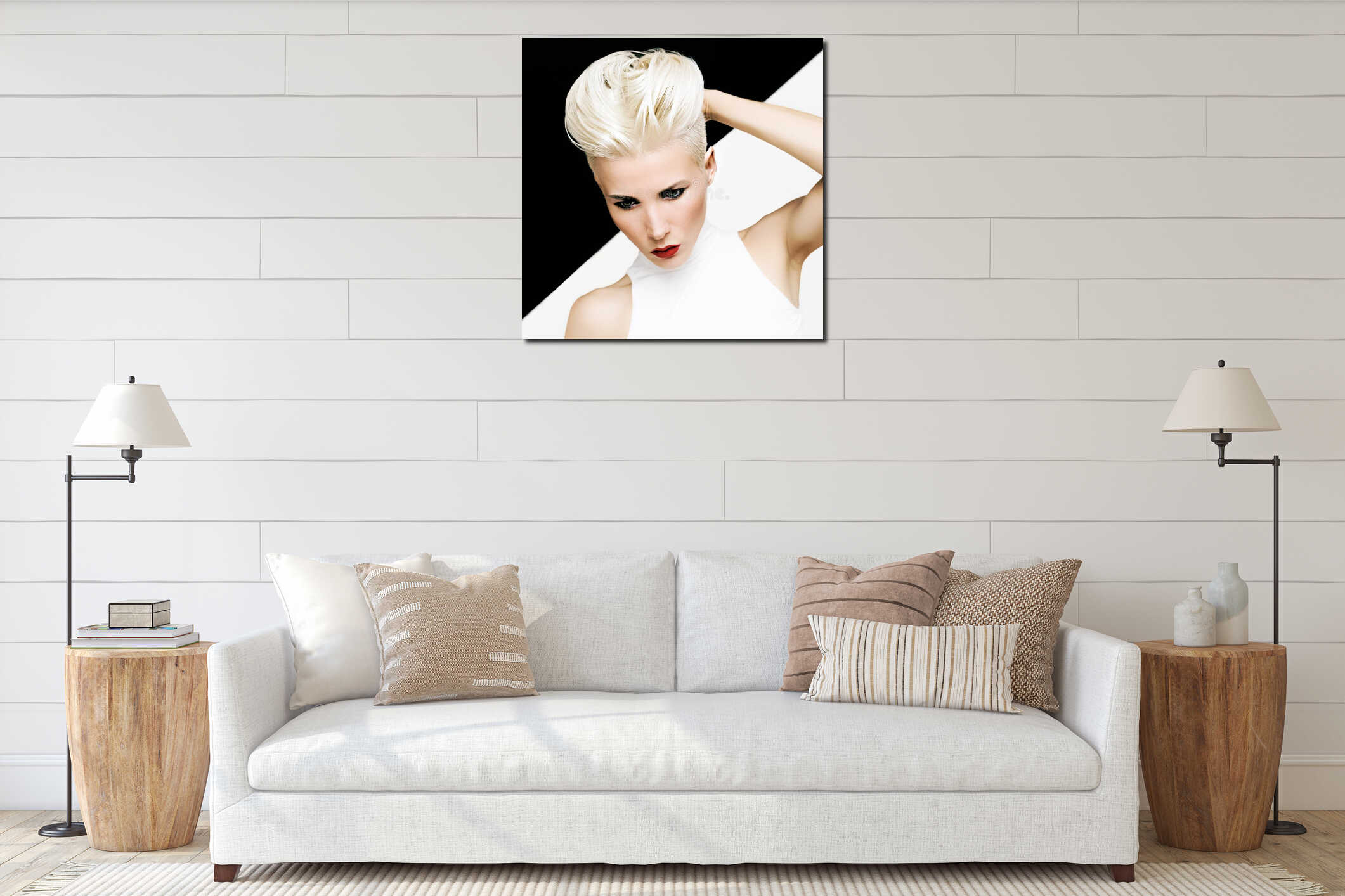 Sensual portrait blonde girl interior mockup