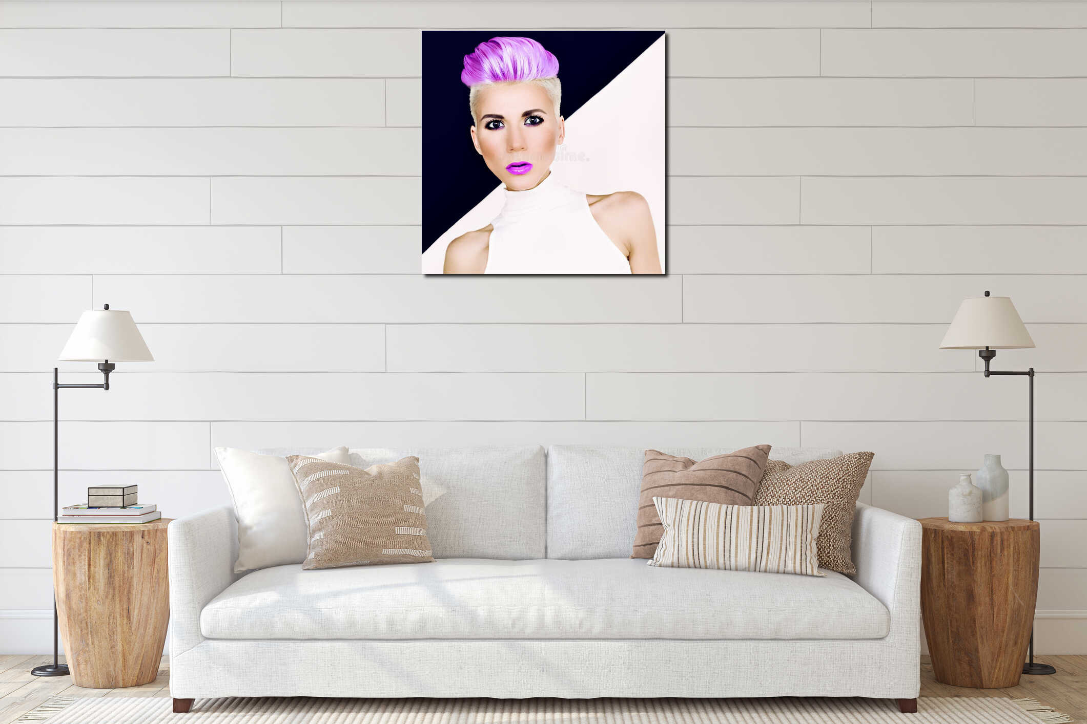 Sensual portrait blonde girl with fashionable hairstyle interior mockup