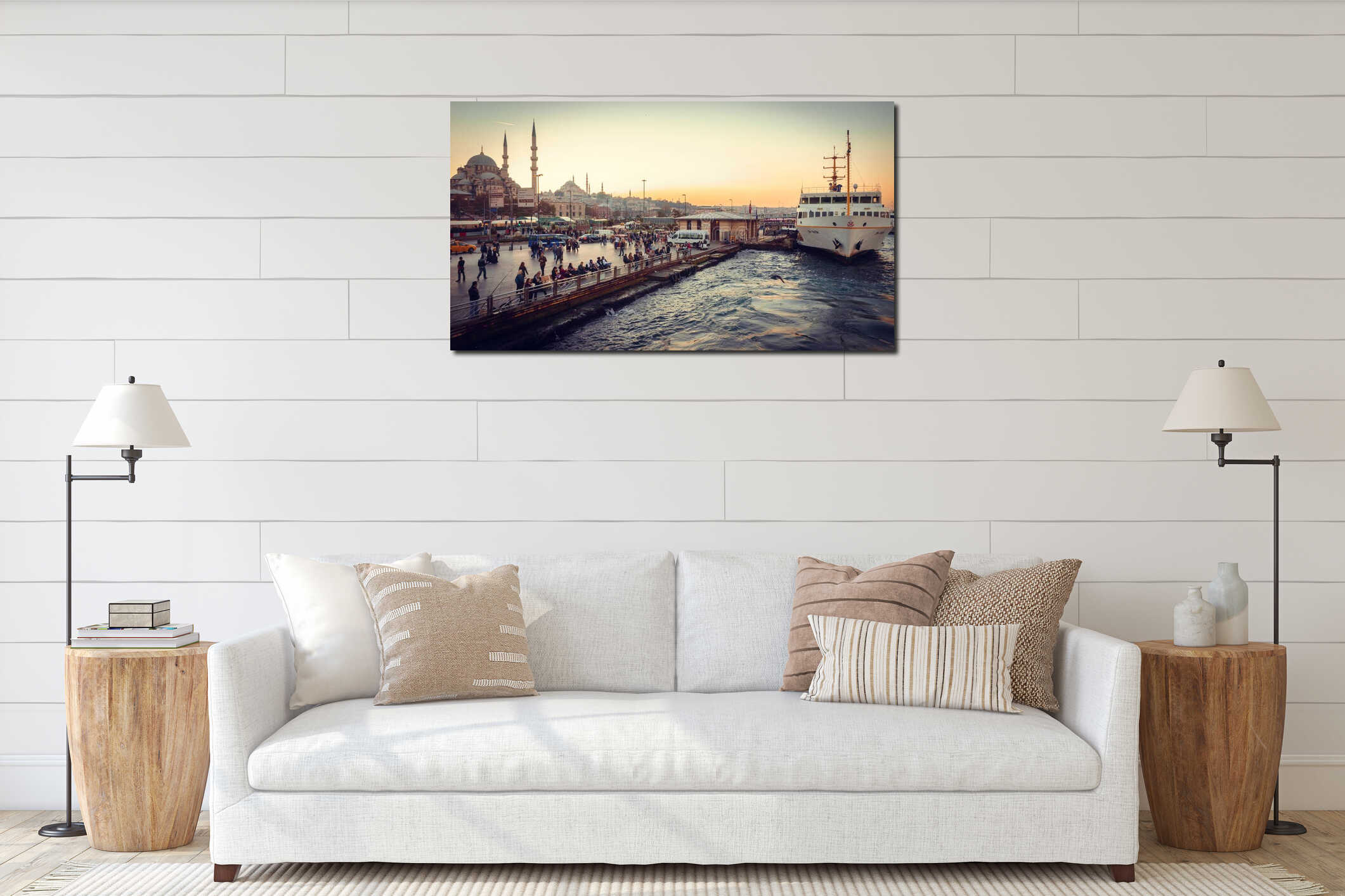Eminonu pier in sunset interior mockup
