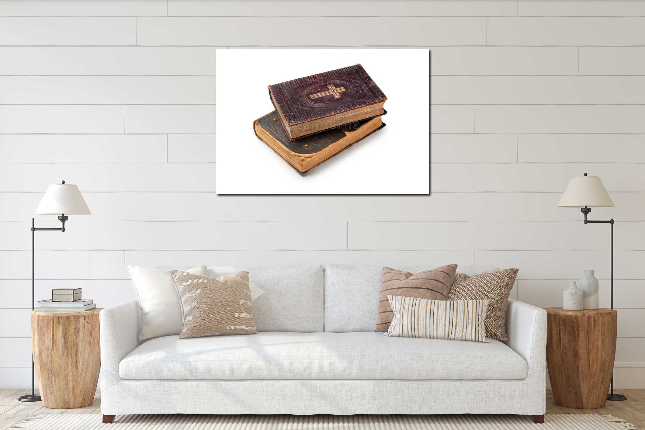 Two old bibles on white background interior mockup