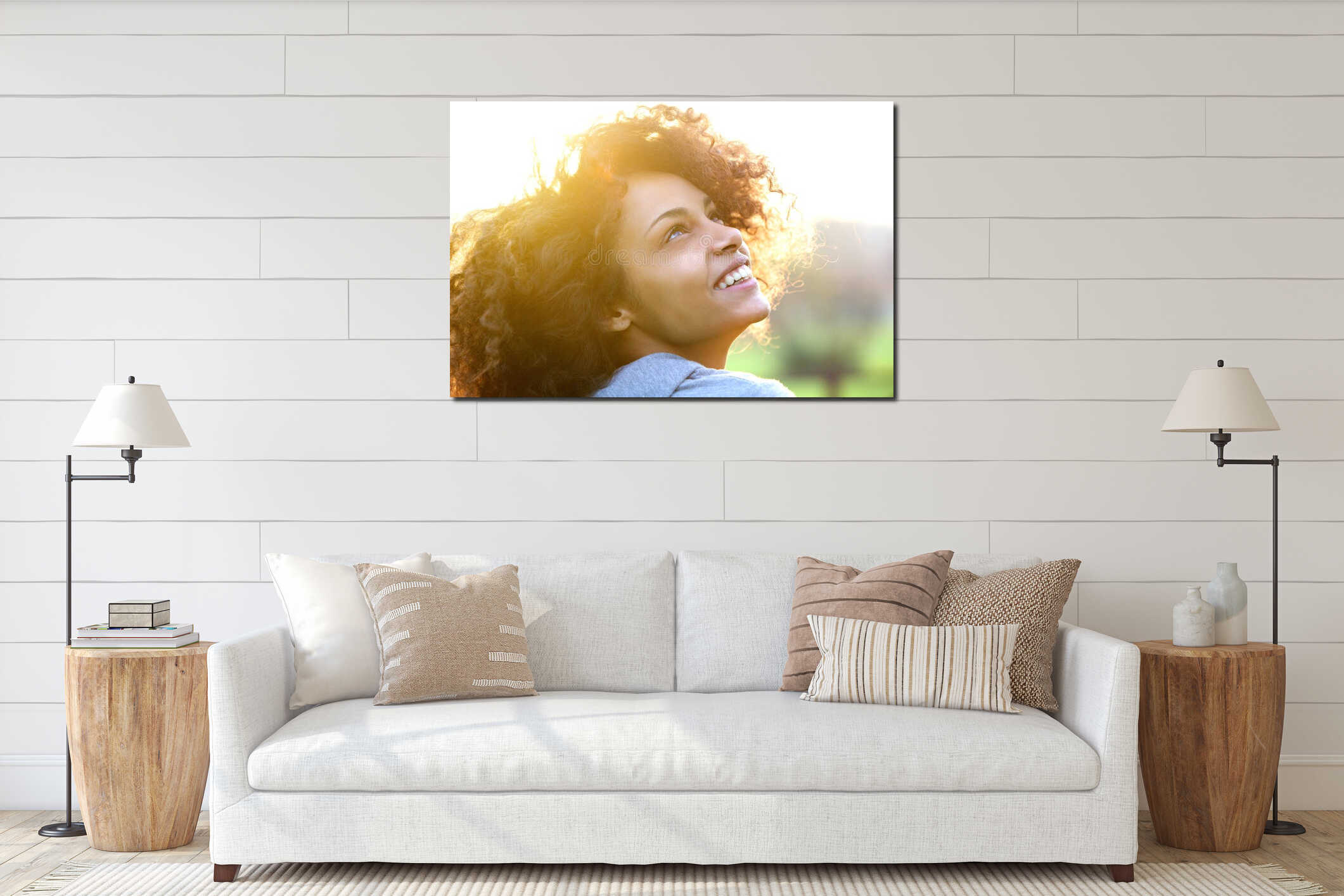 Young african american woman smiling and looking up interior mockup