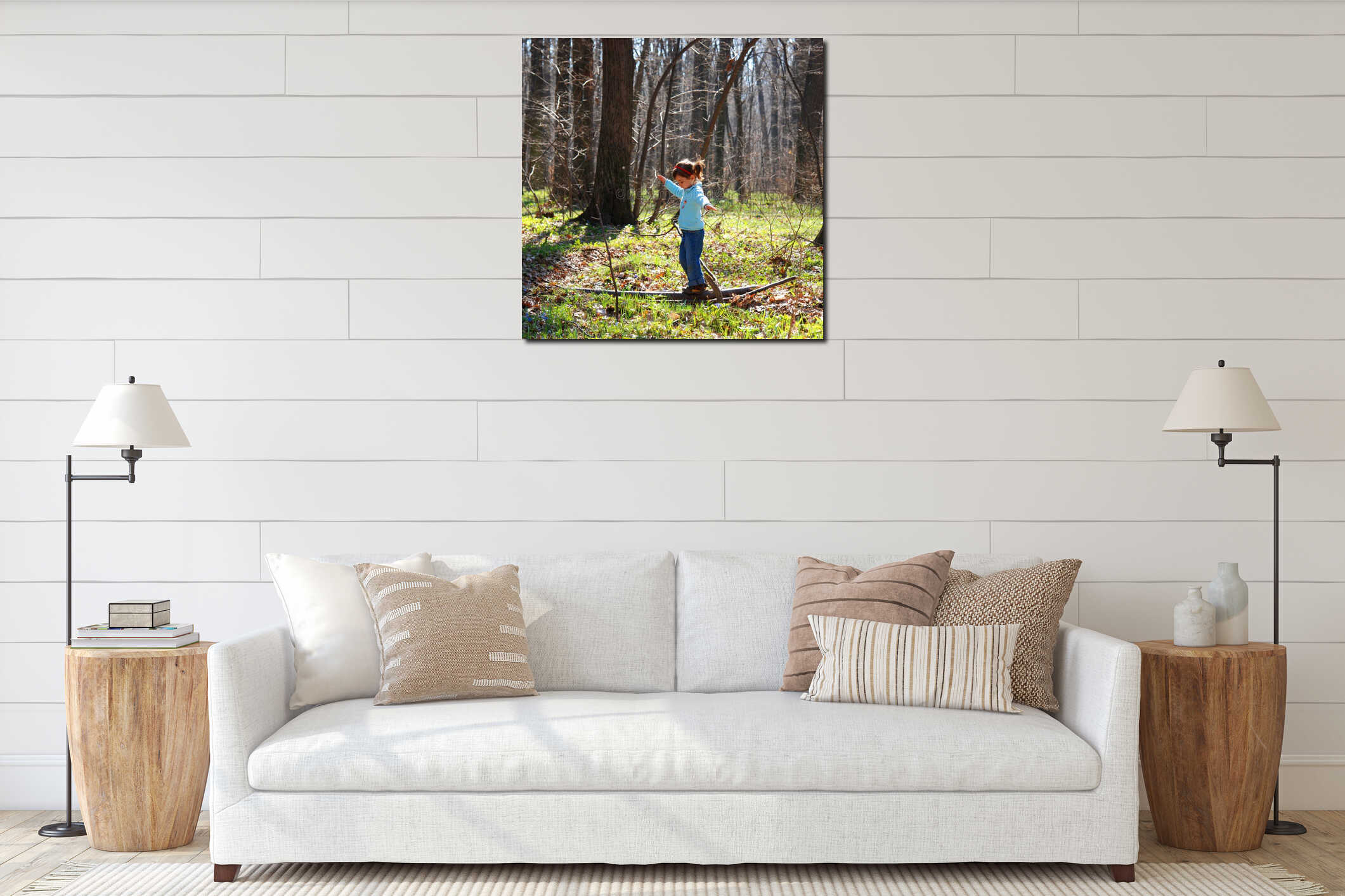 Little girl playing in woods interior mockup
