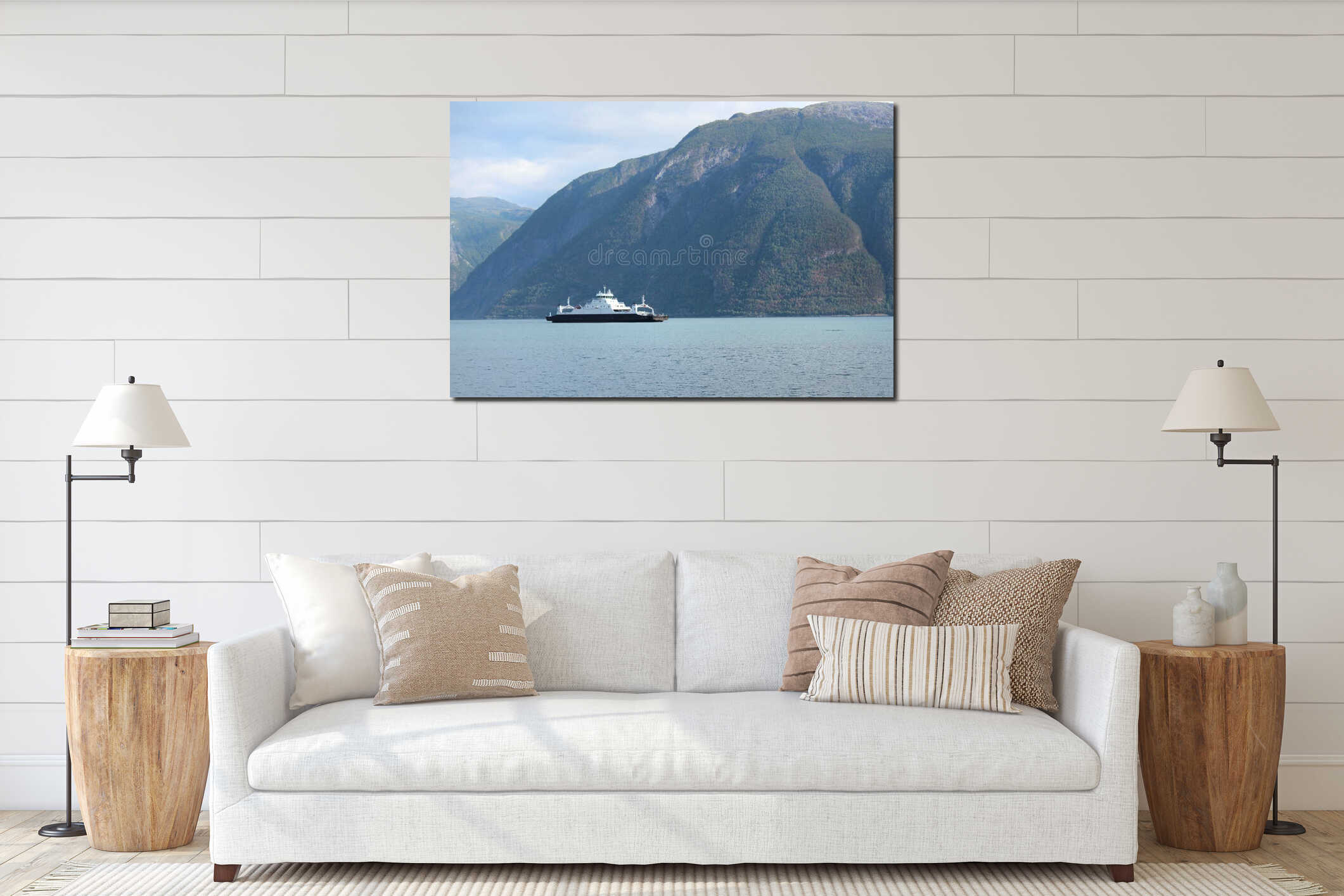 A ferry is floating across fjord. interior mockup