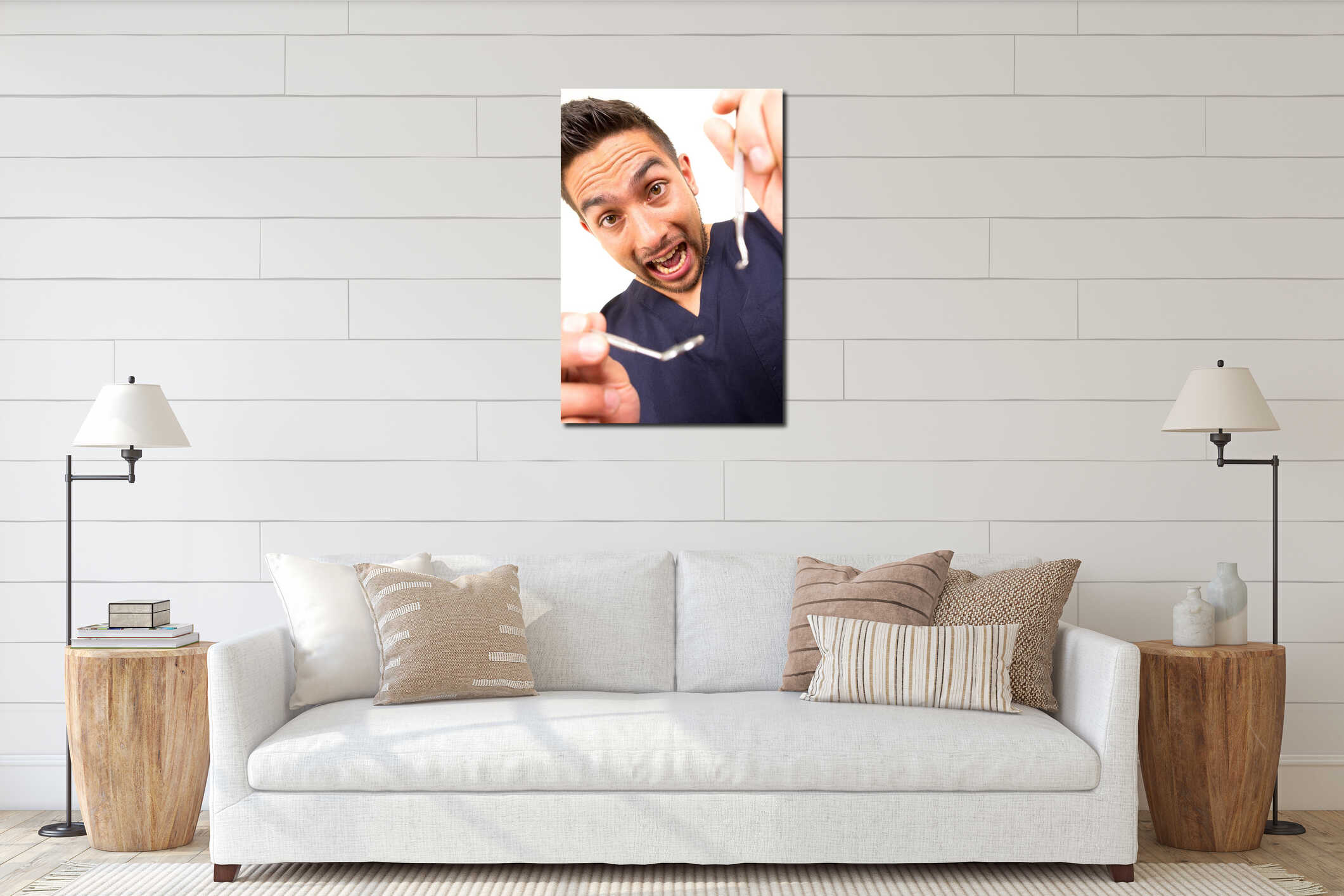 Closeup portrait male dentist from patient's point interior mockup