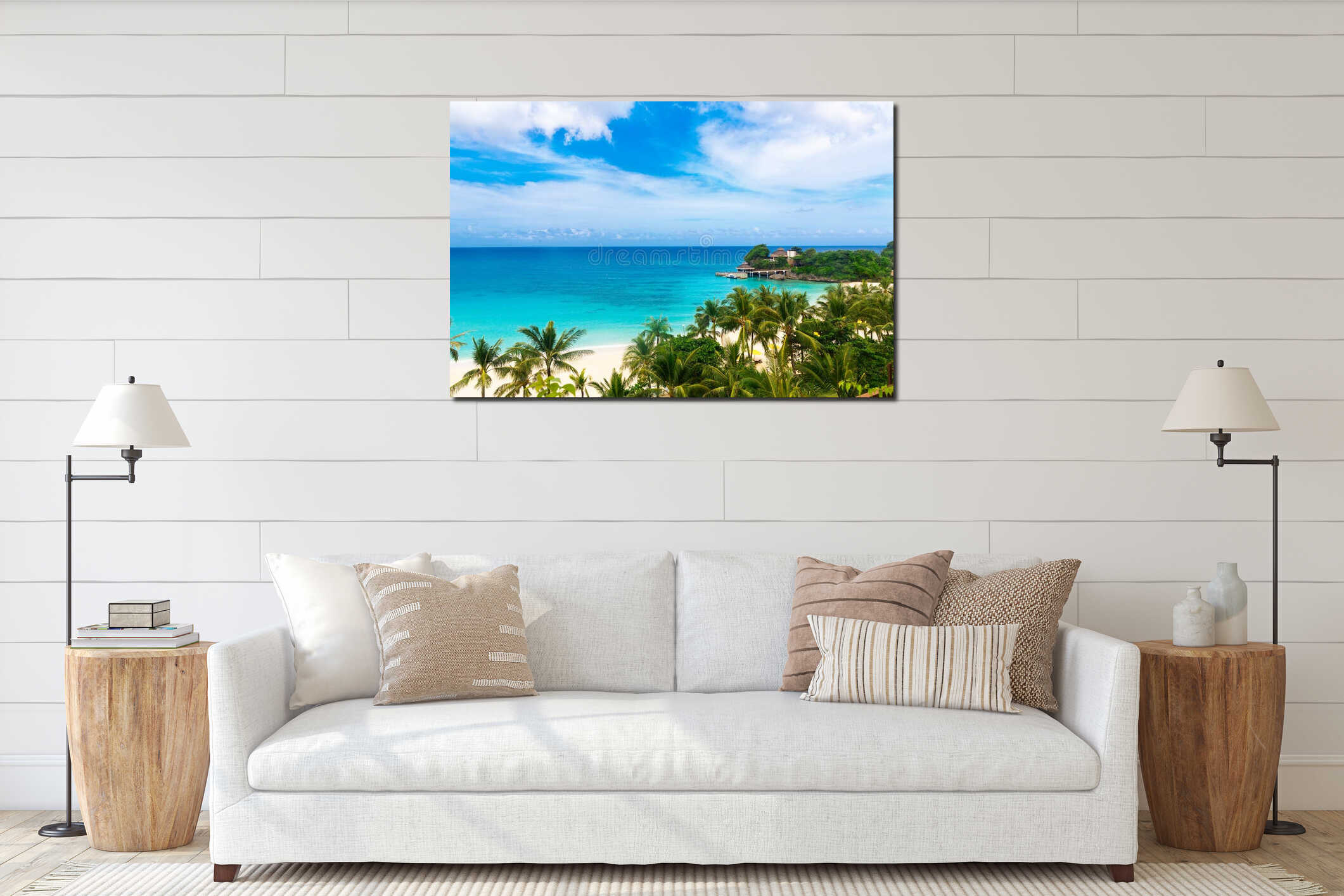Dream scene. Beautiful palm trees above the white sand beach, th interior mockup