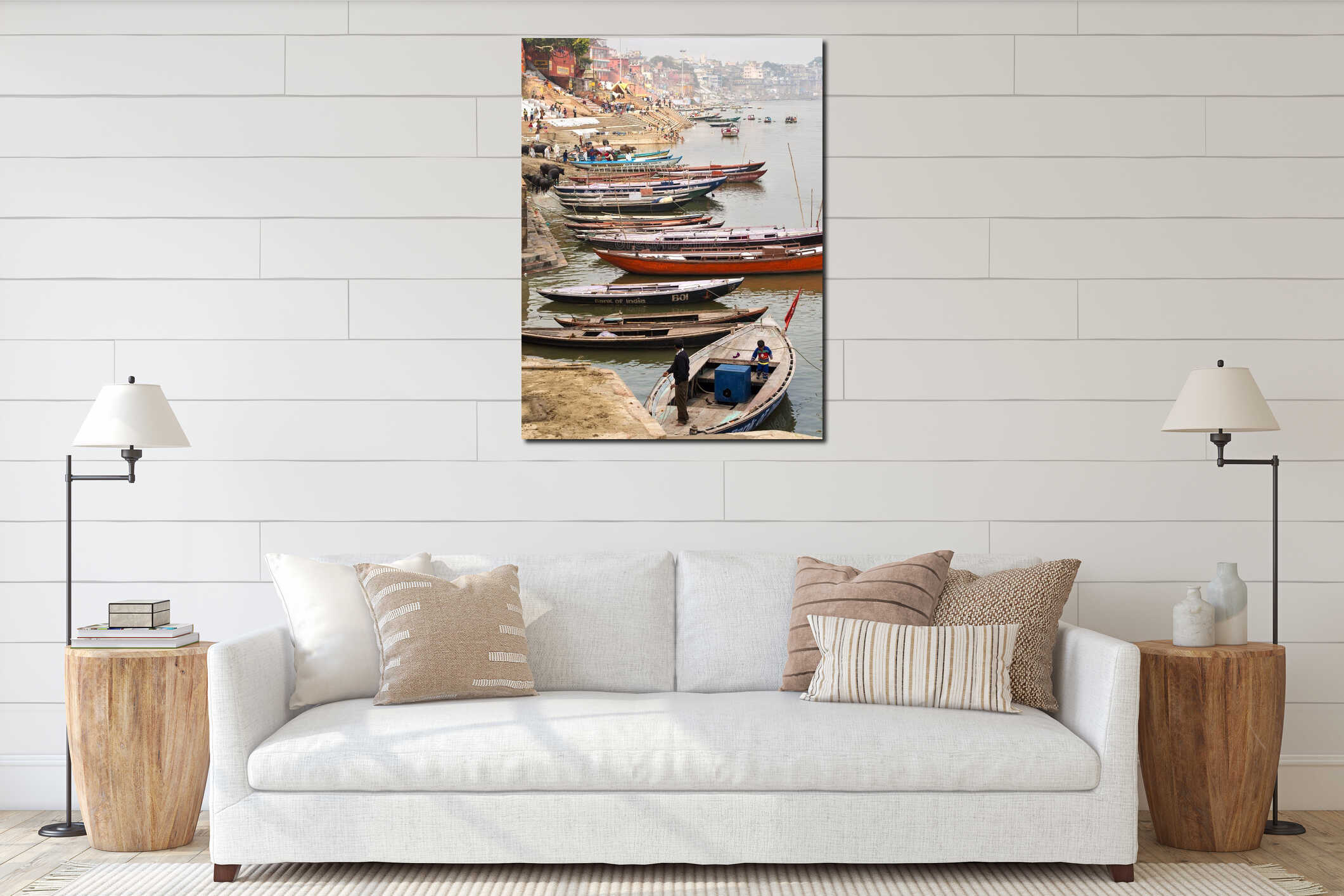 Boats on the Ganges River in Varanasi, Uttar Pradesh, India interior mockup