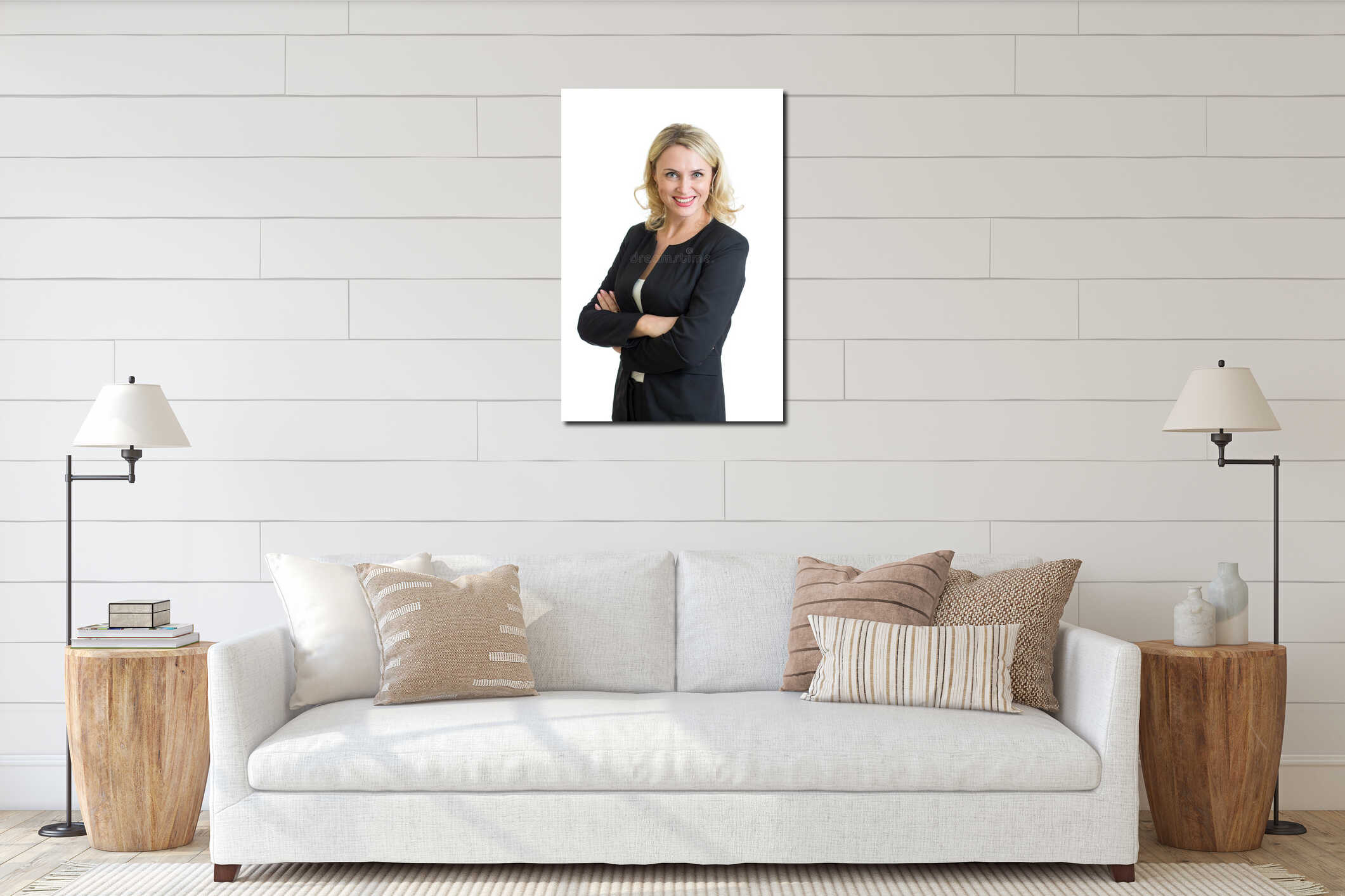 Smiling business woman. Isolated over white background interior mockup