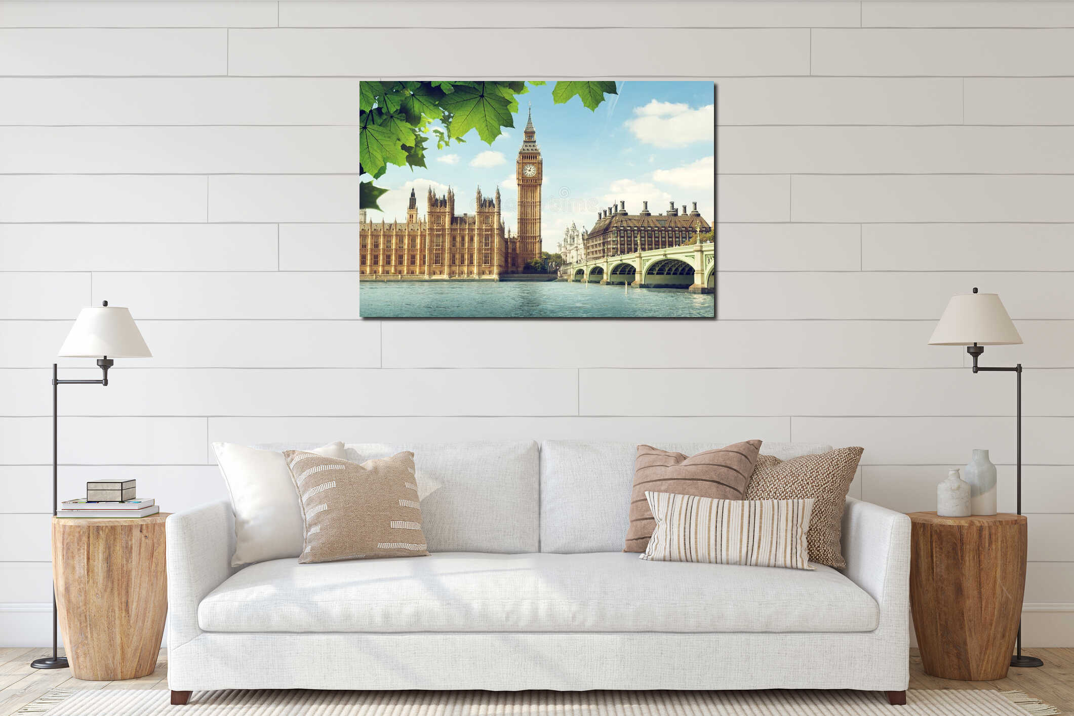 Big Ben in sunny day, London interior mockup