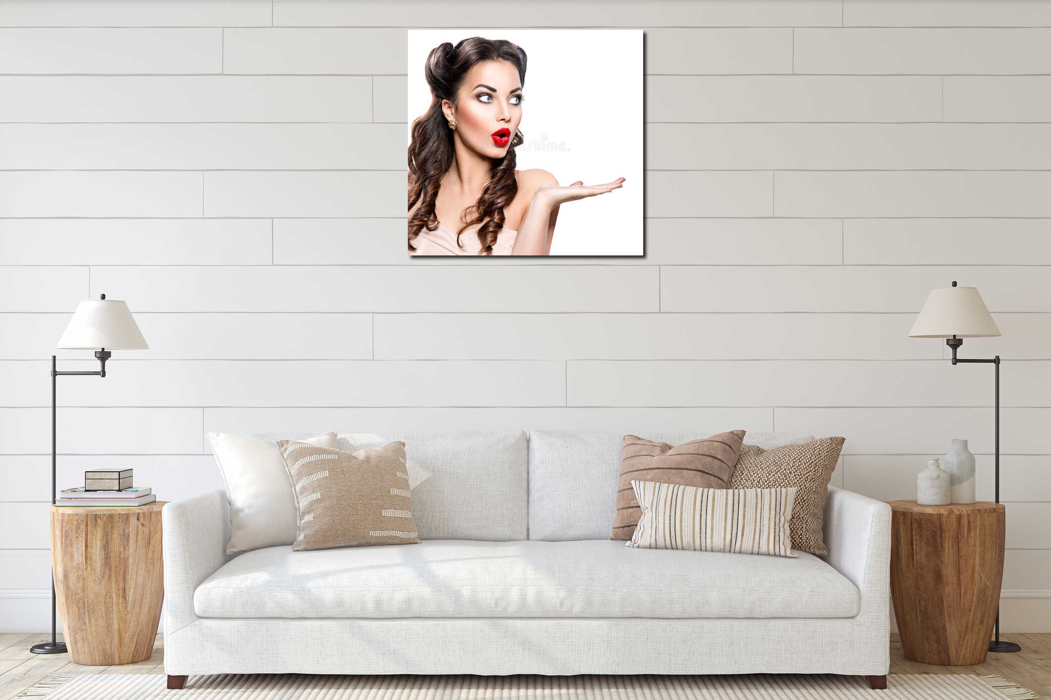 Surprised woman showing empty copy space interior mockup