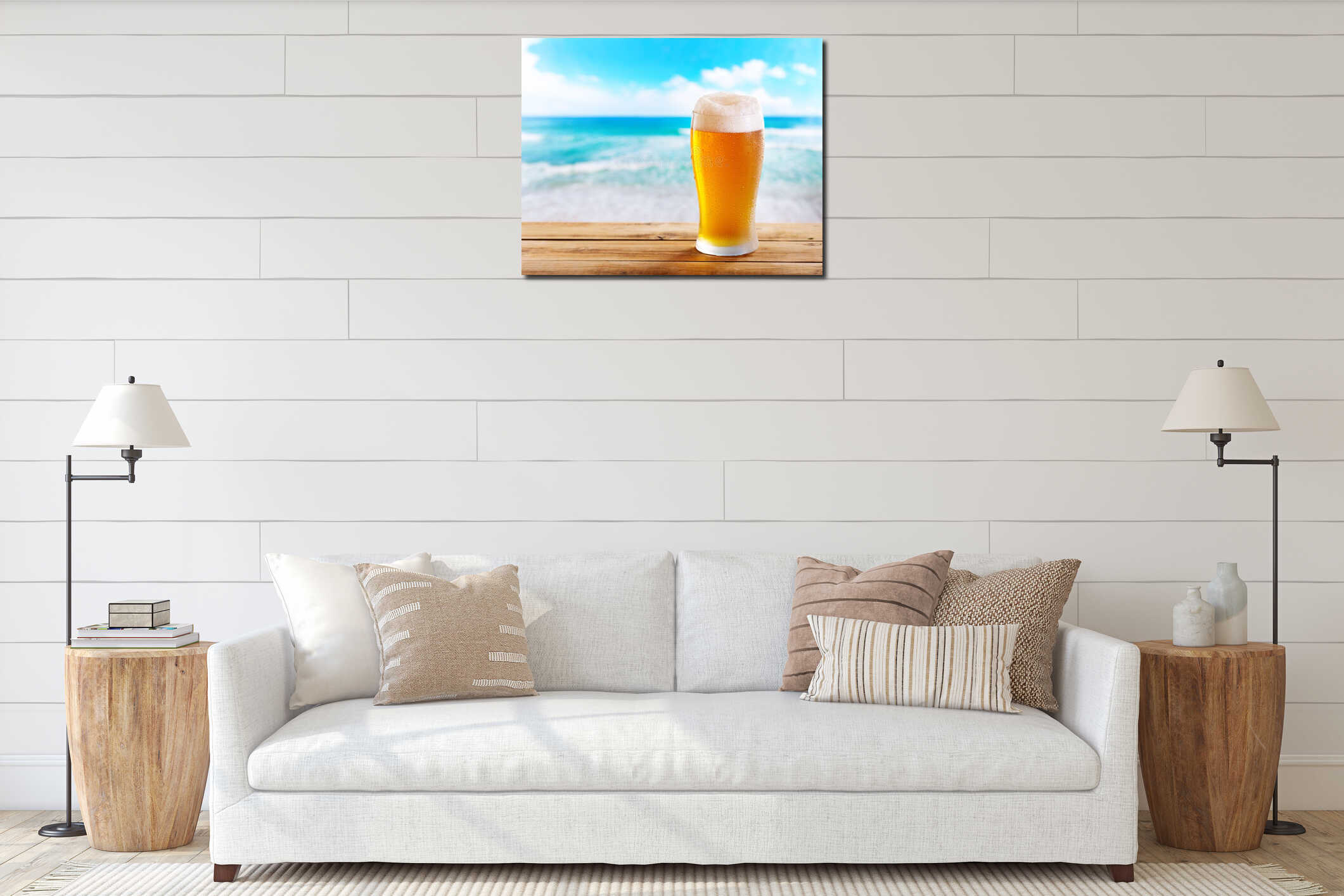 Glass of beer on wooden table over sea interior mockup