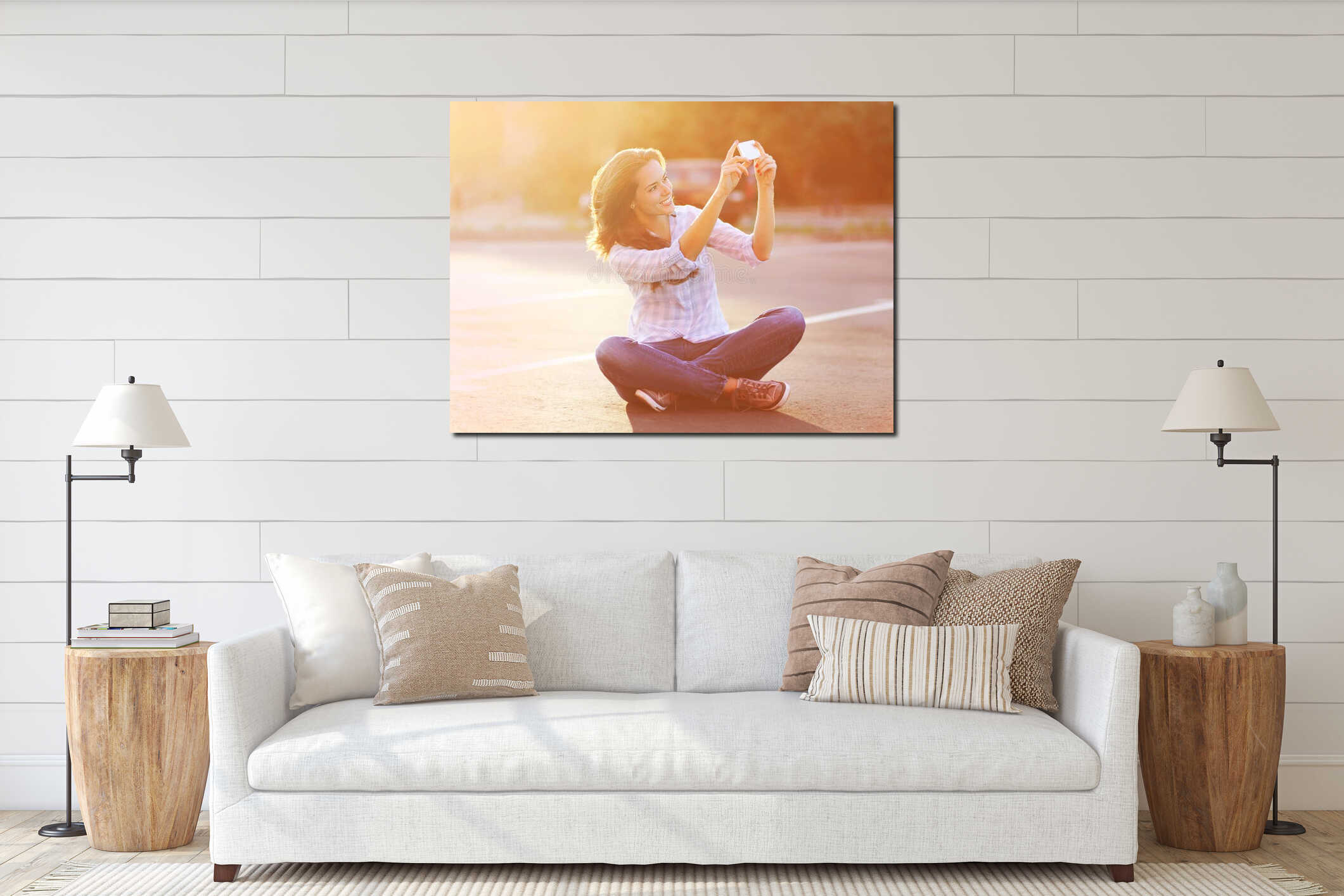 Lifestyle summer portrait happy pretty young woman selfie interior mockup