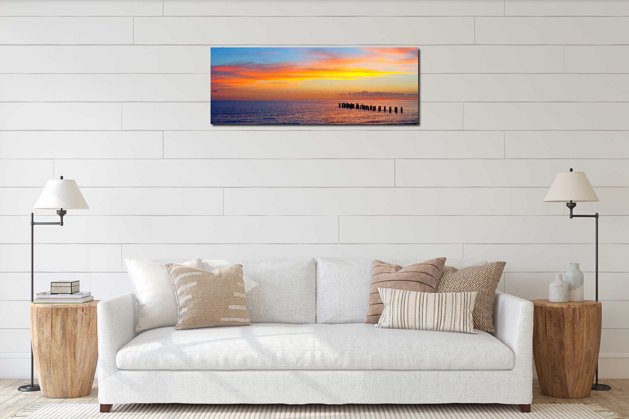 Sunset or sunrise landscape, panorama of beautiful nature, beach interior mockup