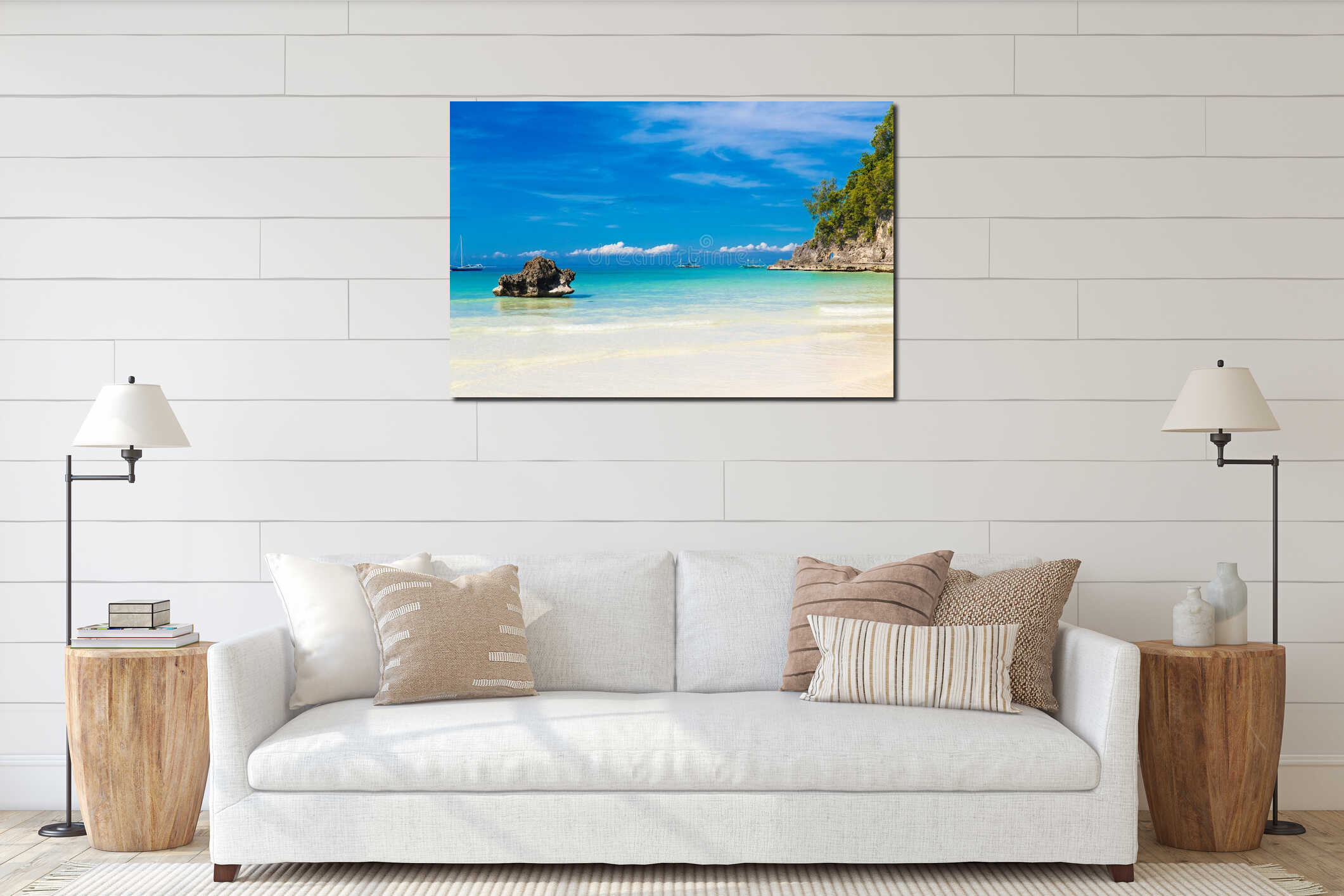 Dream scene. Beautiful palm trees above the white sand beach, the tropical sea . Summer view of nature interior mockup