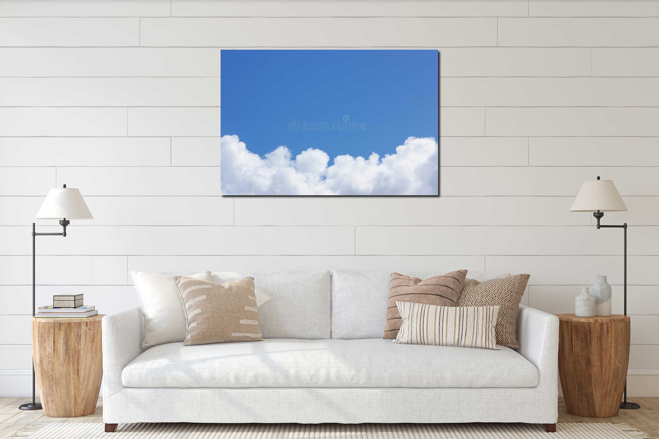 Blue sky with white cloud . interior mockup