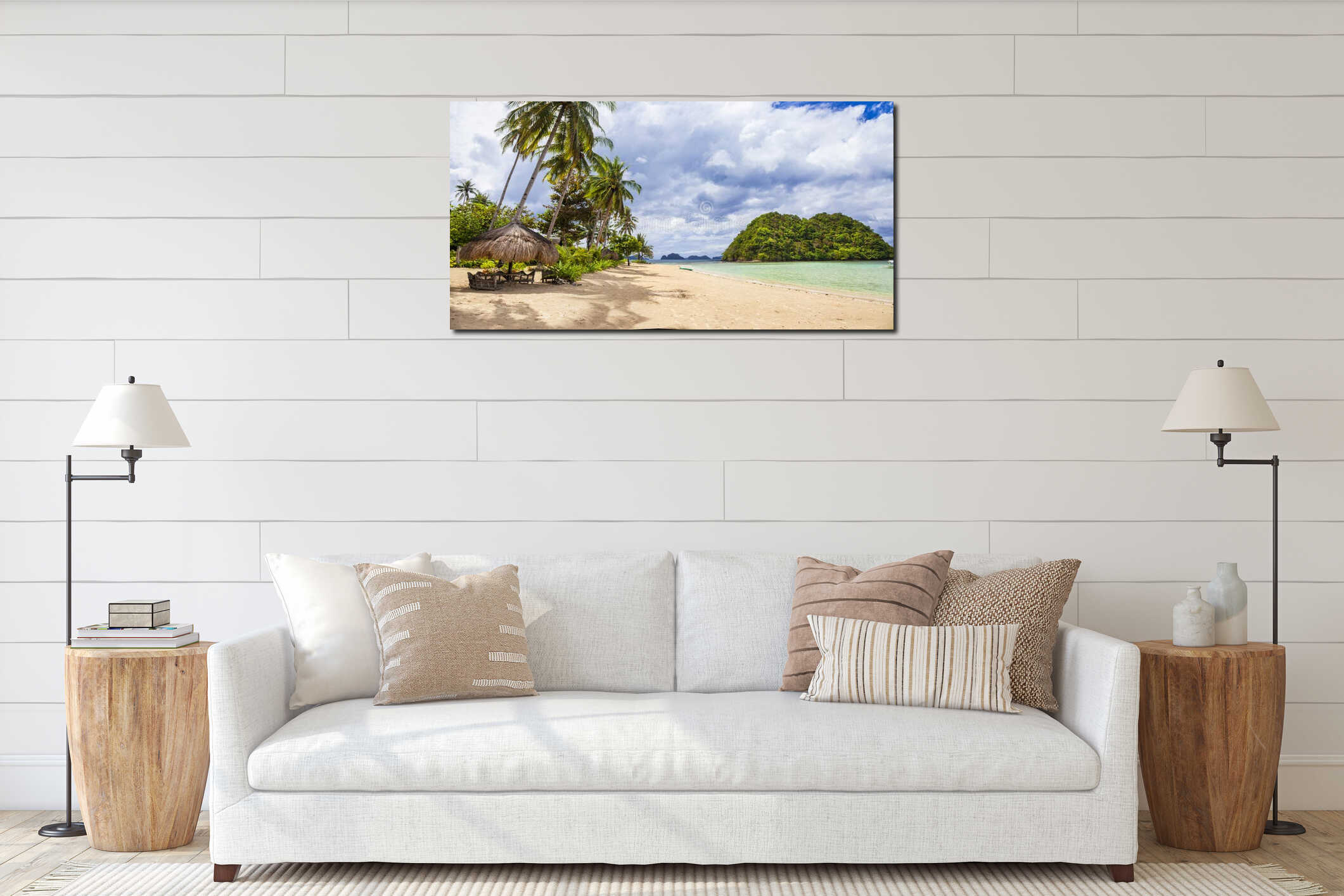 Panorama of tranquil tropical beach interior mockup