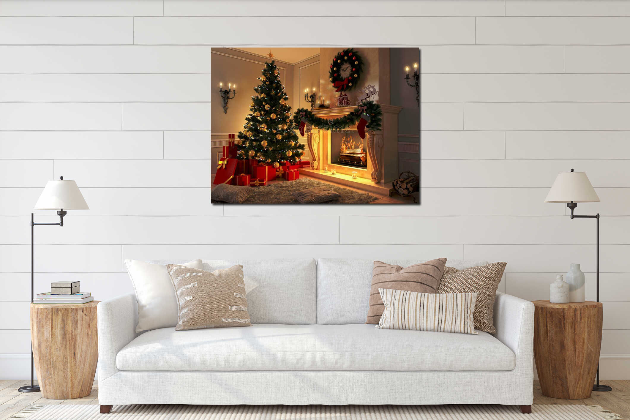 Interior with Christmas tree, presents and fireplace. Postcard. interior mockup