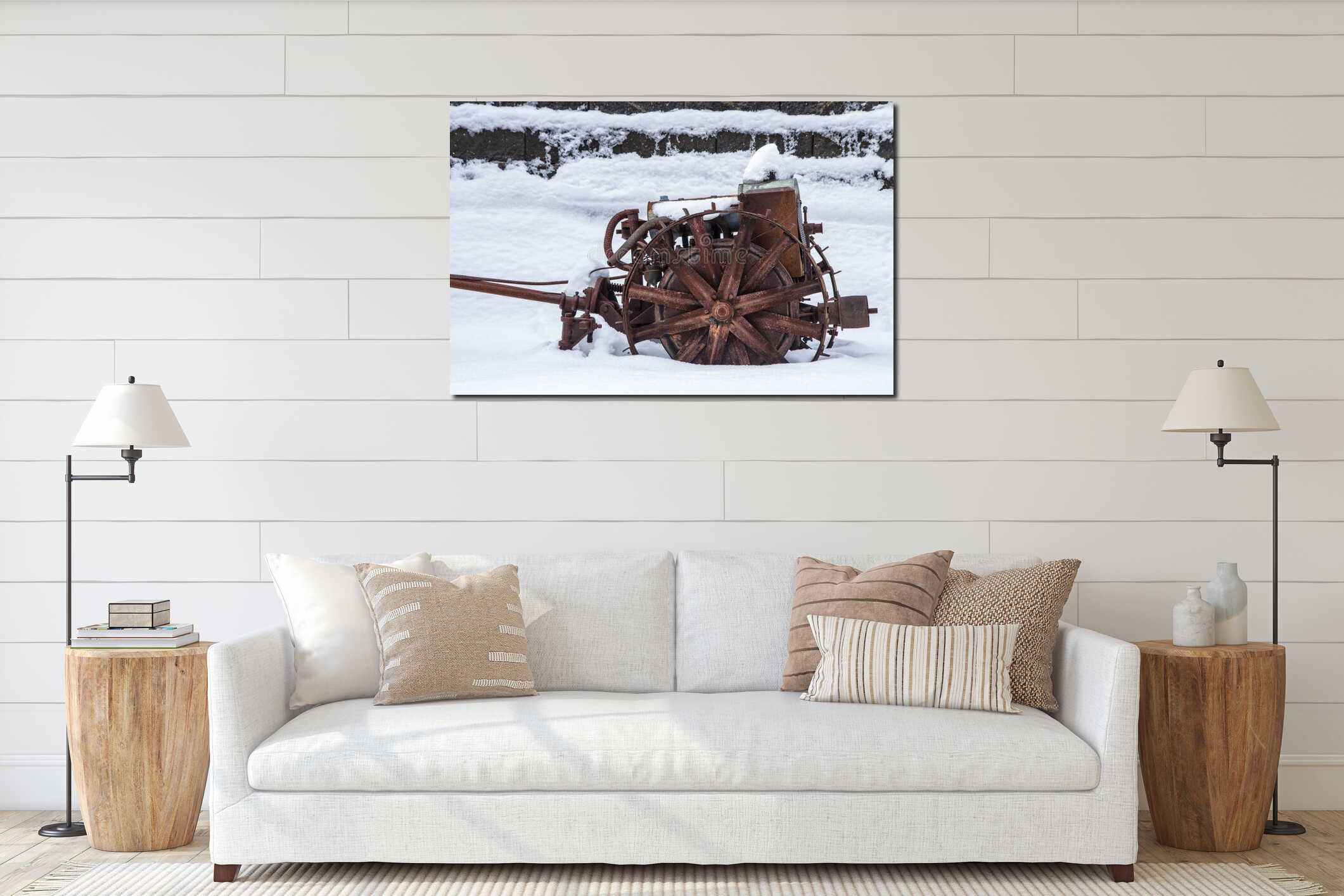 Rusted farm equipment in snow interior mockup