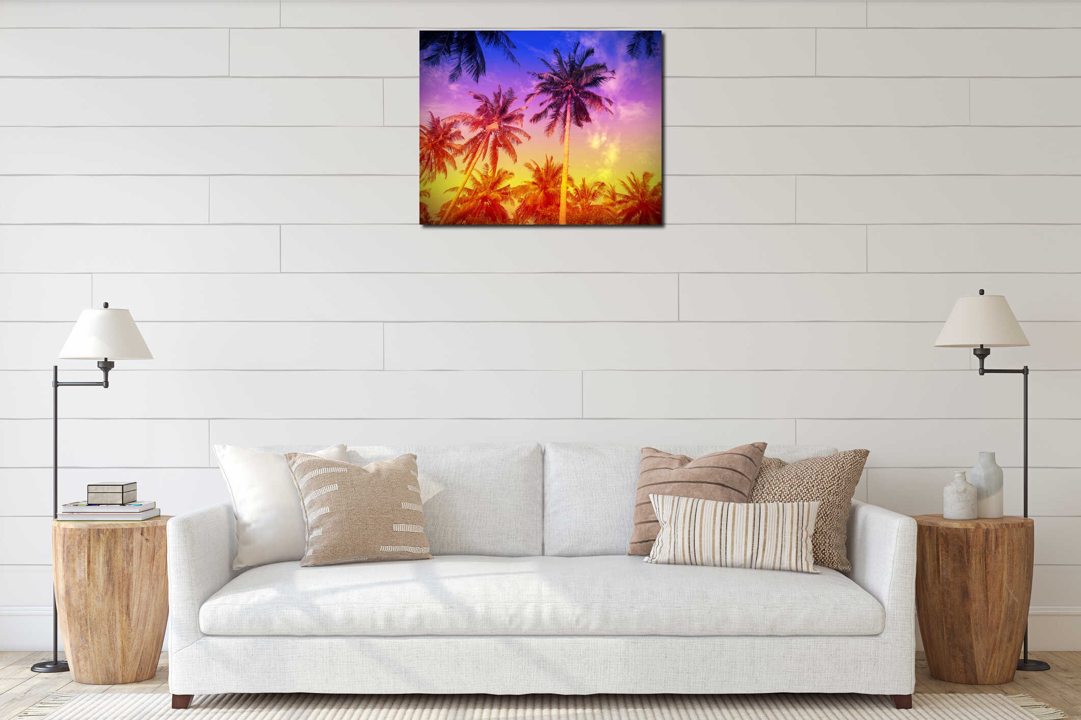 Holiday background made of palm trees silhouettes at sunset interior mockup