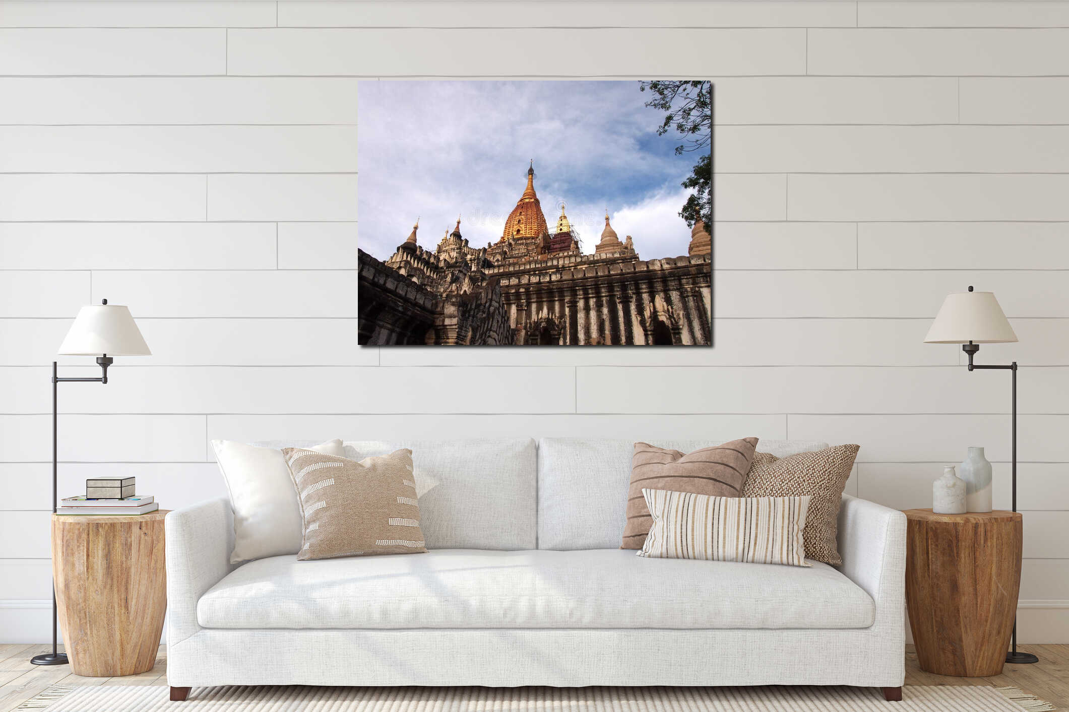 Golden pagoda, temple in bagan, Burma, beautiful temple with the blue sky interior mockup