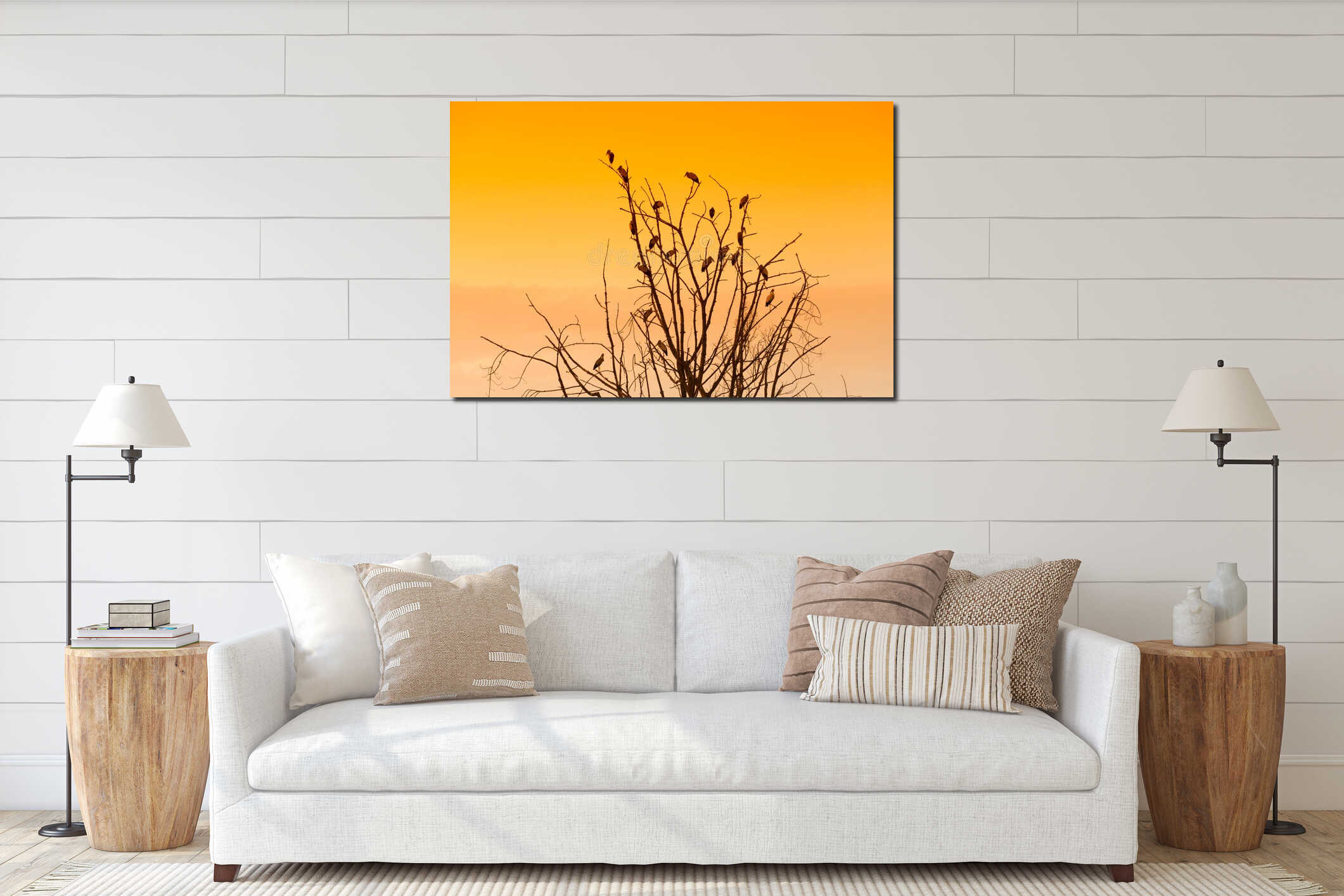 Silhouette of many birds on a treetop interior mockup