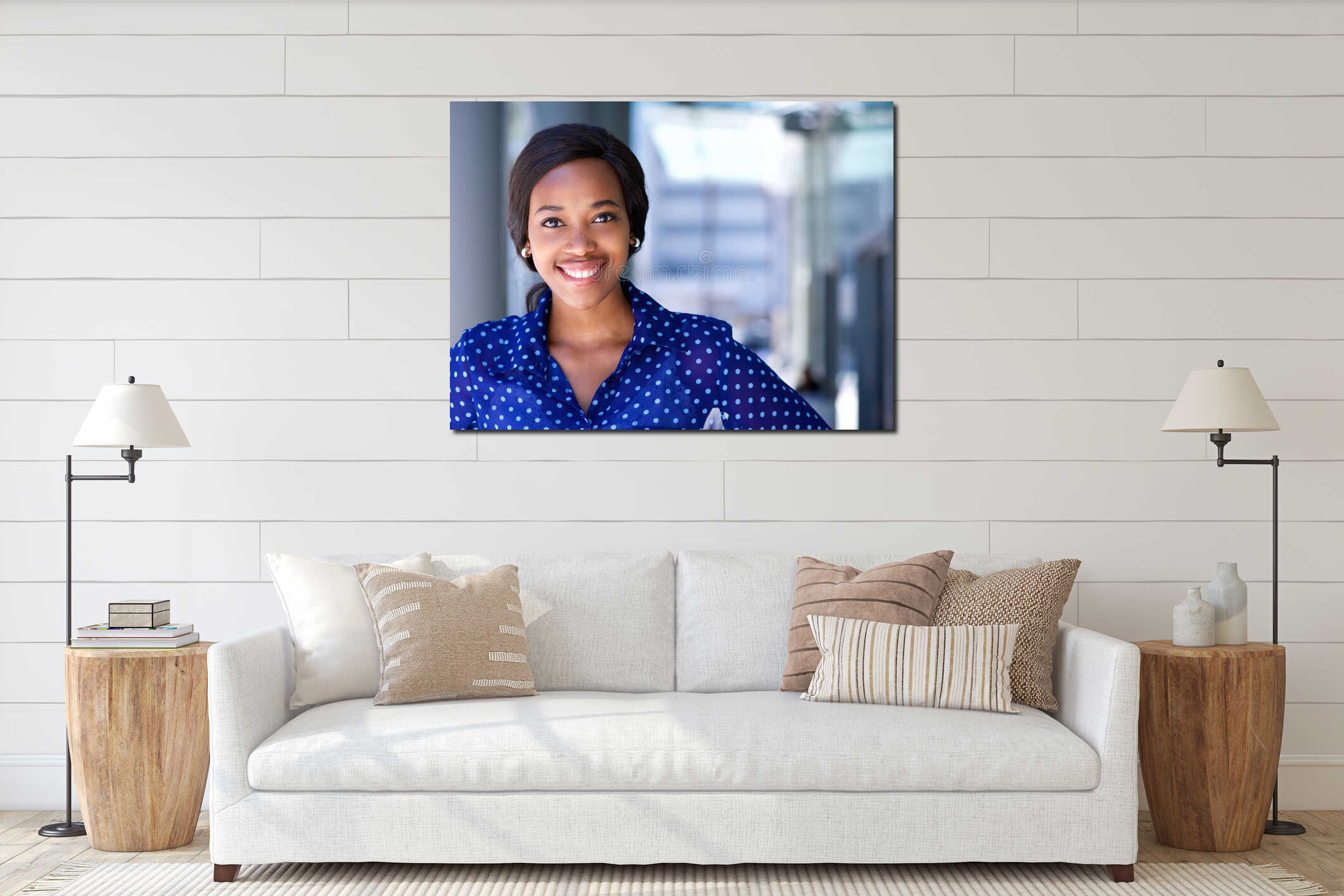 Happy business woman smiling outside office building interior mockup