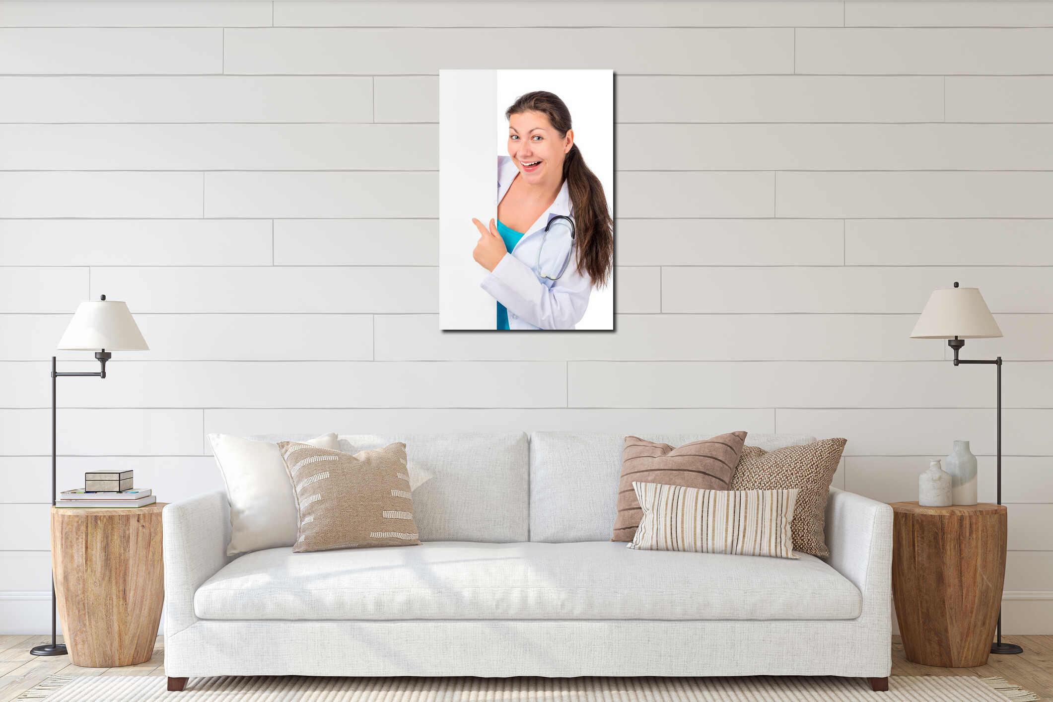 Vertical shot cheerful doctor with a blank interior mockup