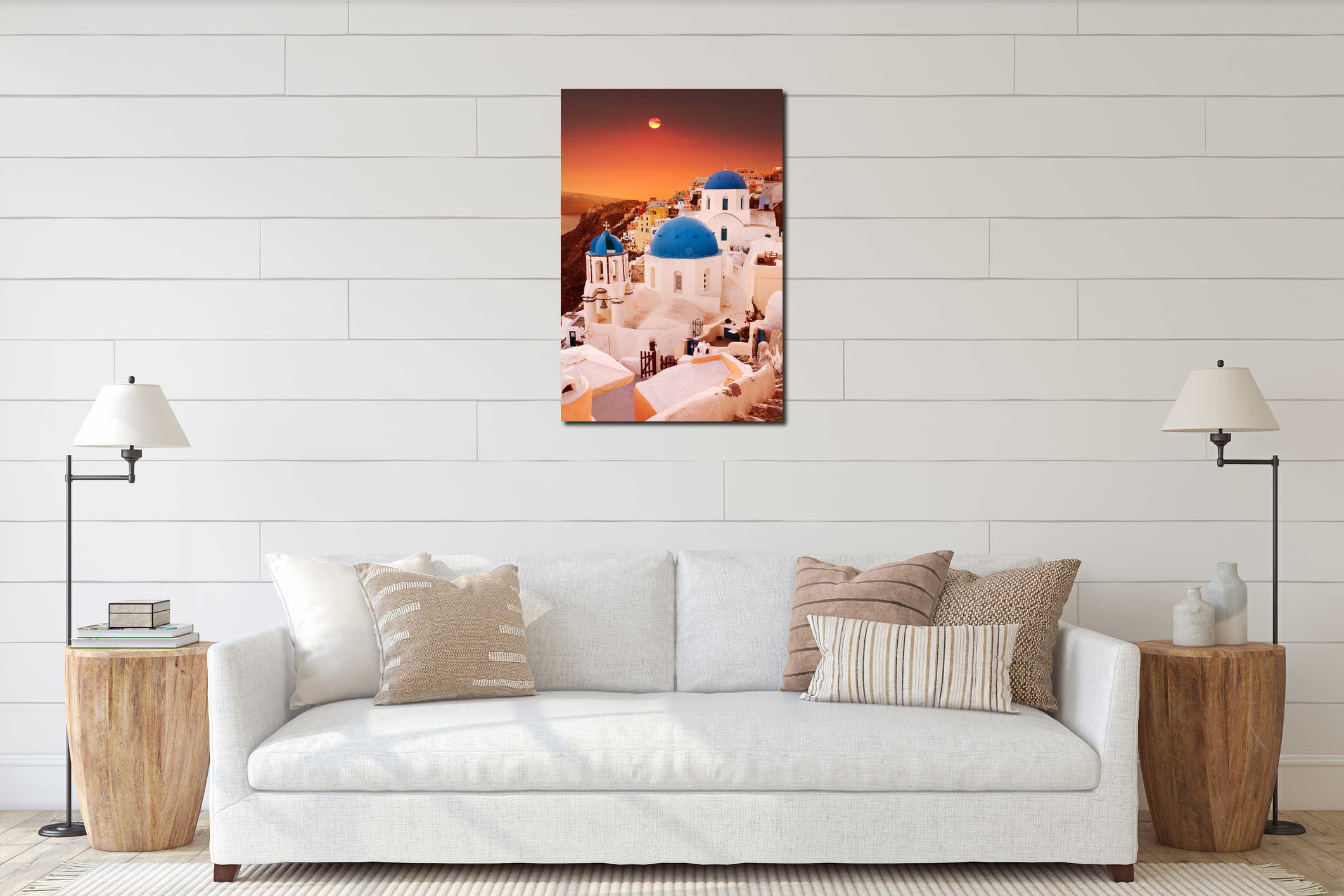 Santorini blue dome churches at sunset. Oia Village, Greece. interior mockup