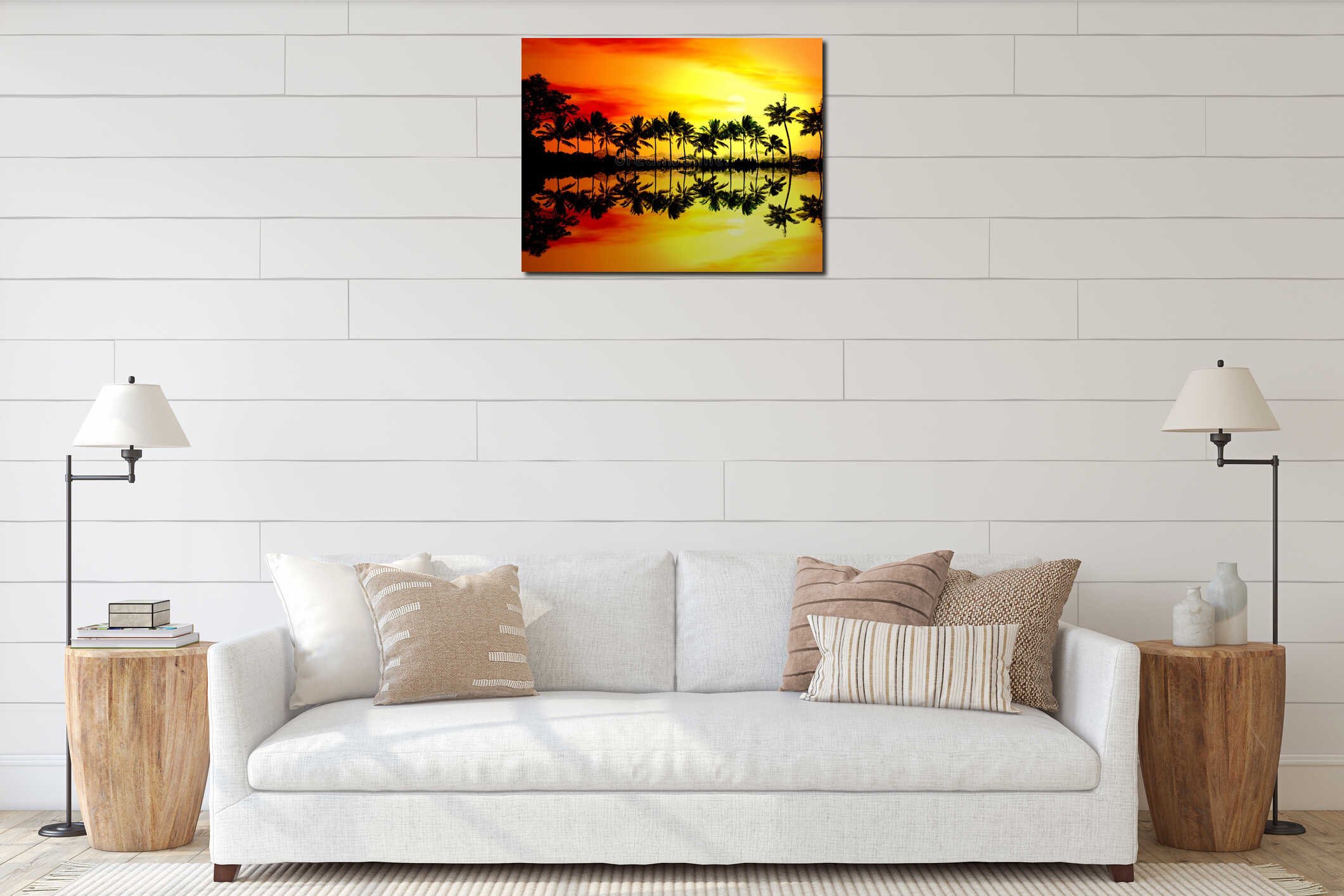 Beach sunset or sunrise with tropical palm trees interior mockup