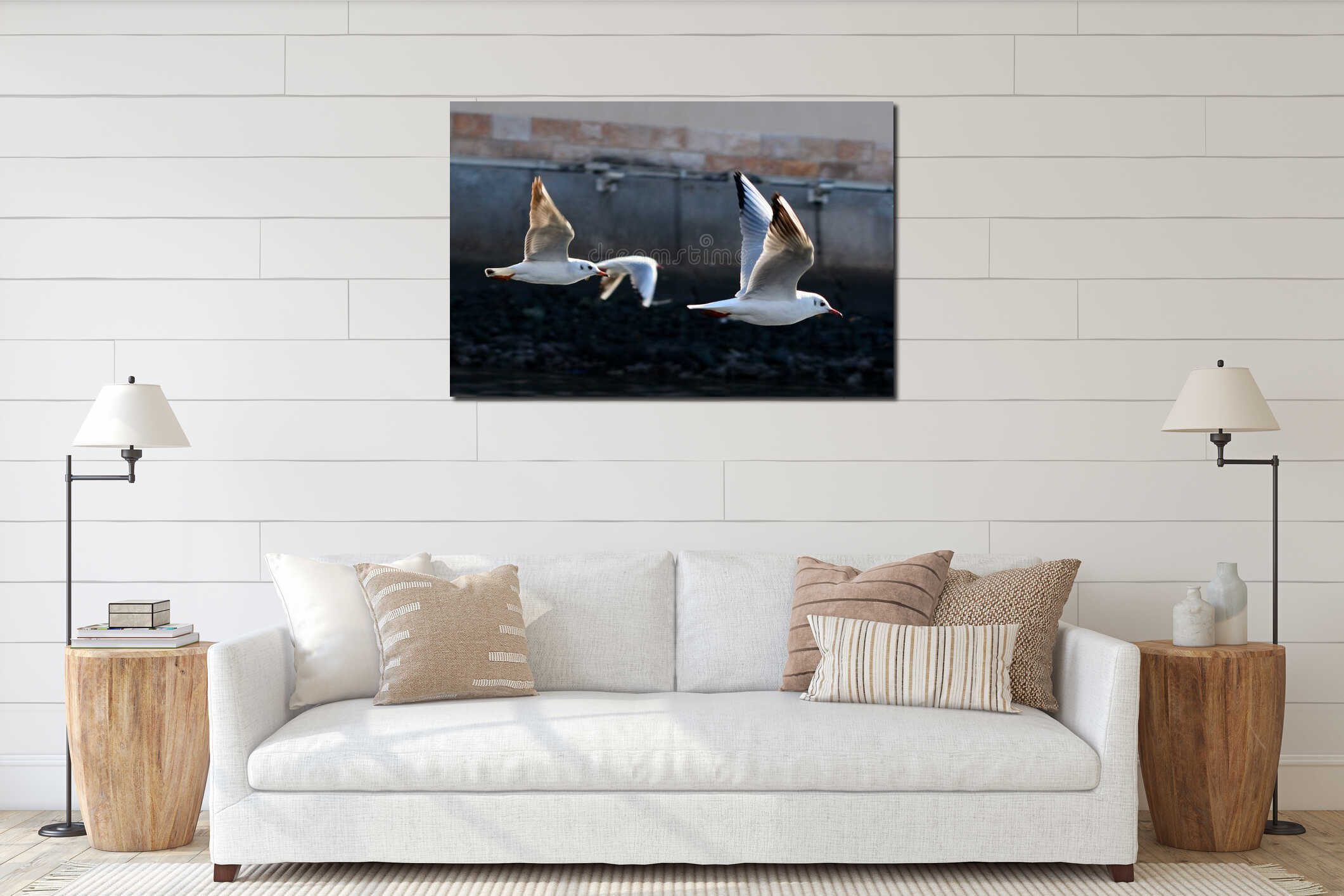 Two seagull flying over Dubai interior mockup