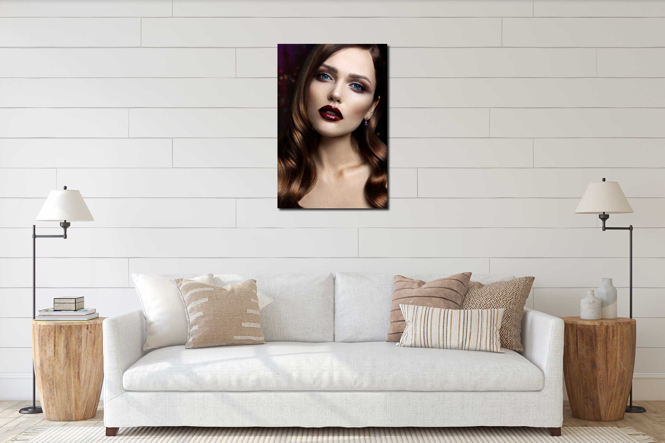 Portrait of beautiful girl with dark lips. interior mockup