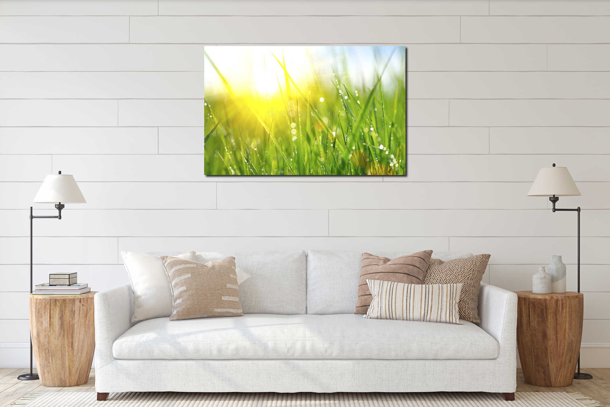 Fresh green spring grass with dew drops interior mockup