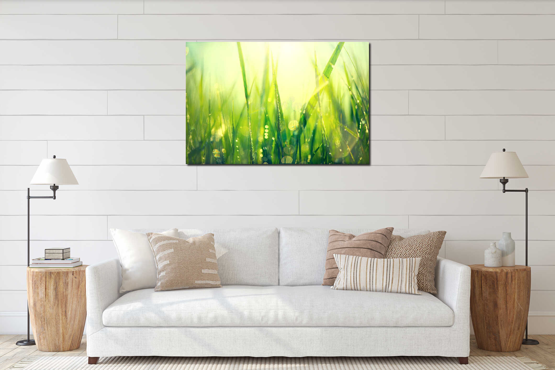 Fresh green spring grass with dew drops interior mockup
