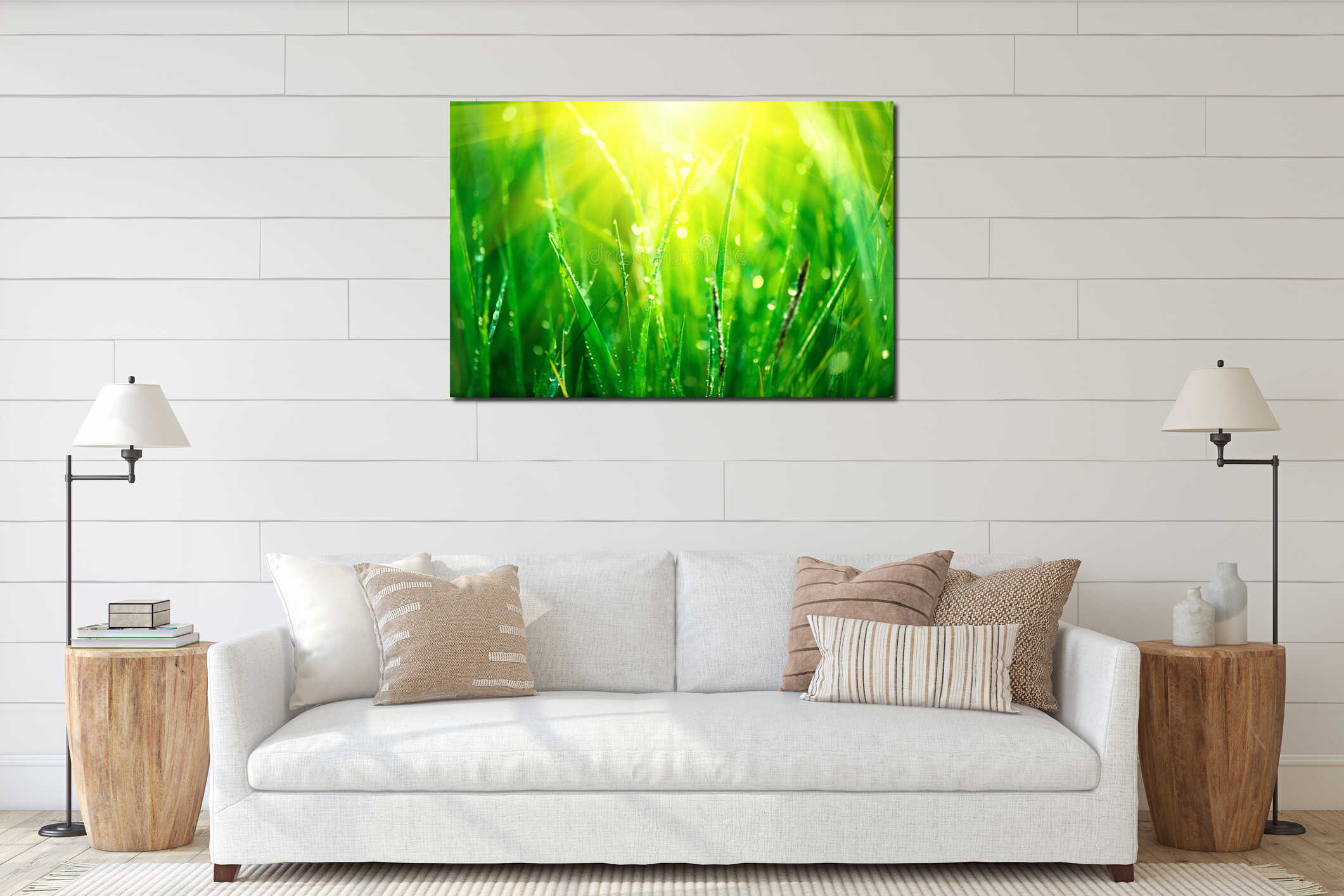 Fresh green spring grass with dew drops interior mockup